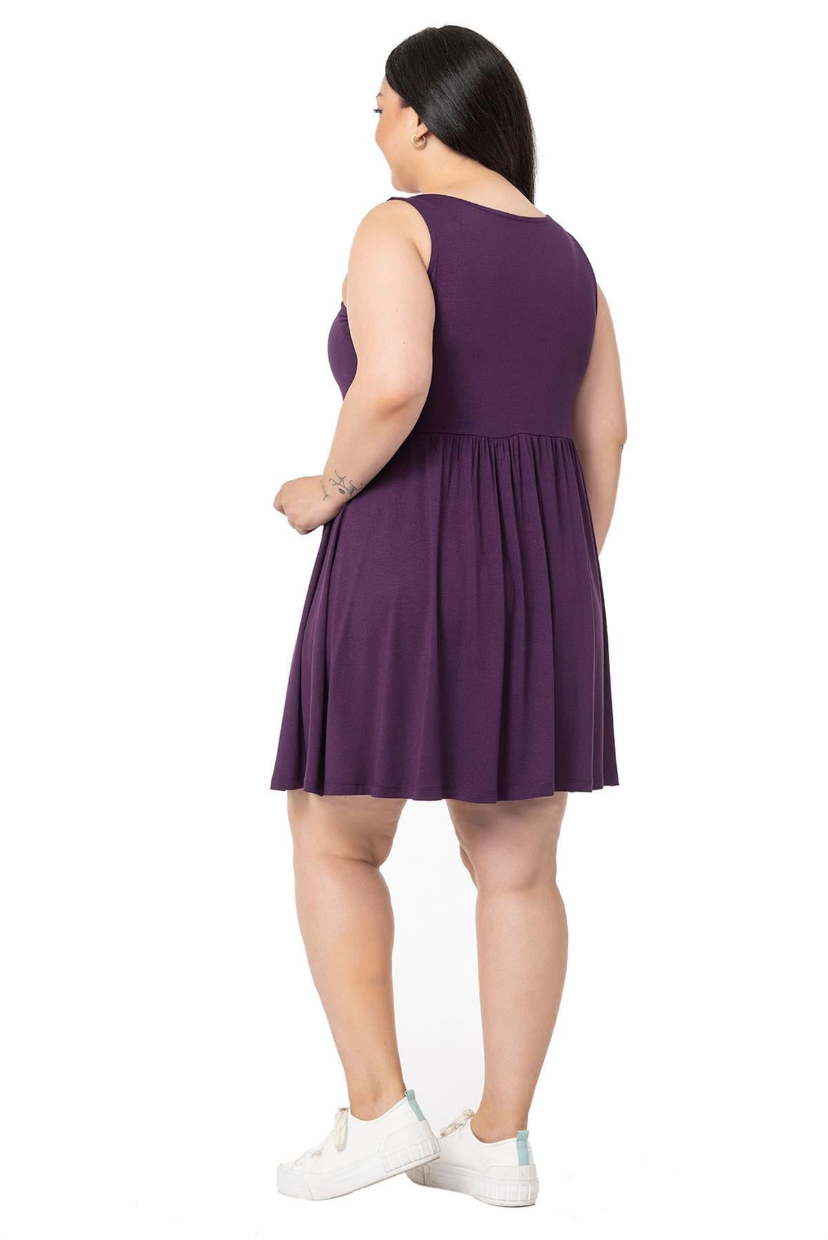 Plus Size Ornamental Button Detailed Viscose Short Plum Dress