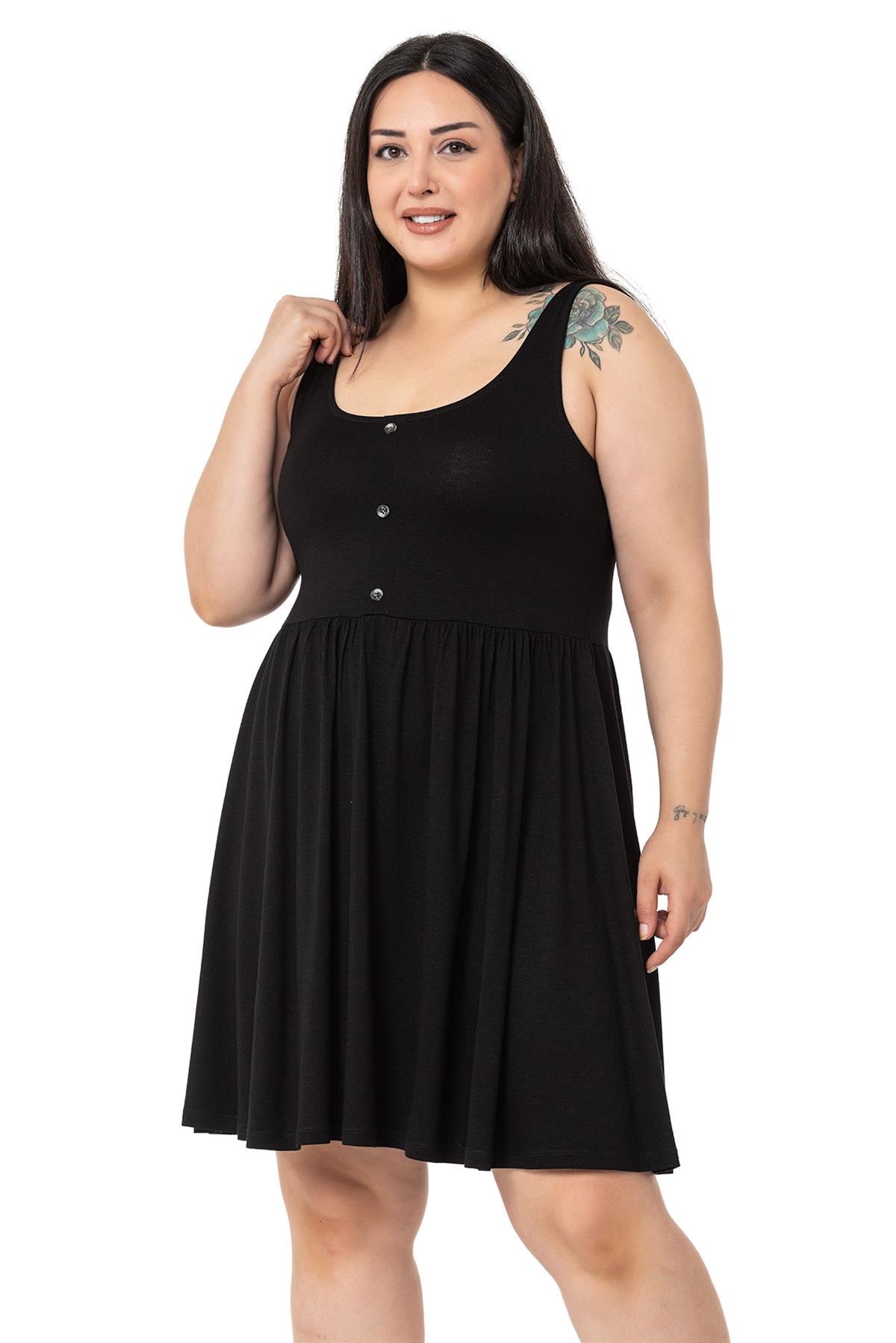 Plus Size Ornamental Button Detailed Viscose Short Black Dress