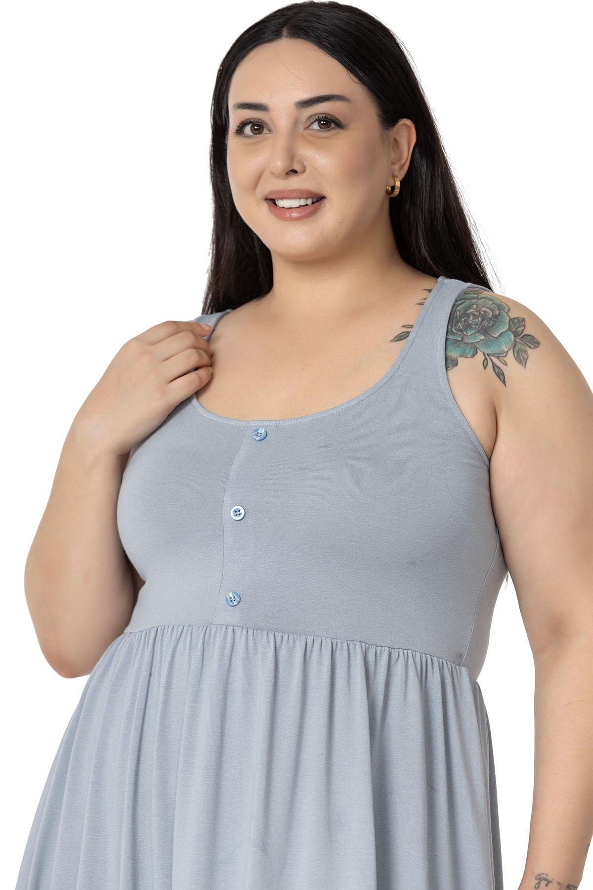 Plus Size Ornamental Button Detailed Viscose Short Light Gray Dress