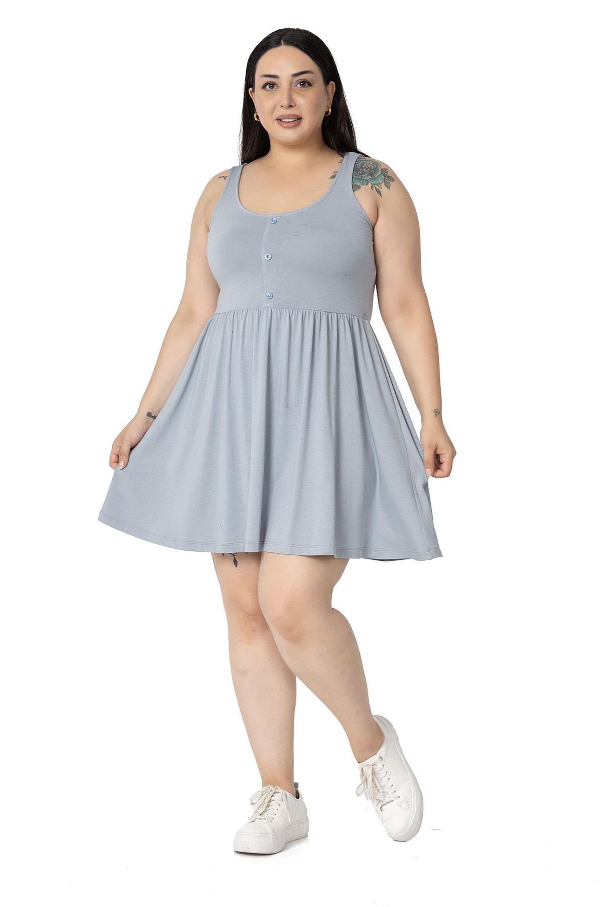 Plus Size Ornamental Button Detailed Viscose Short Light Gray Dress
