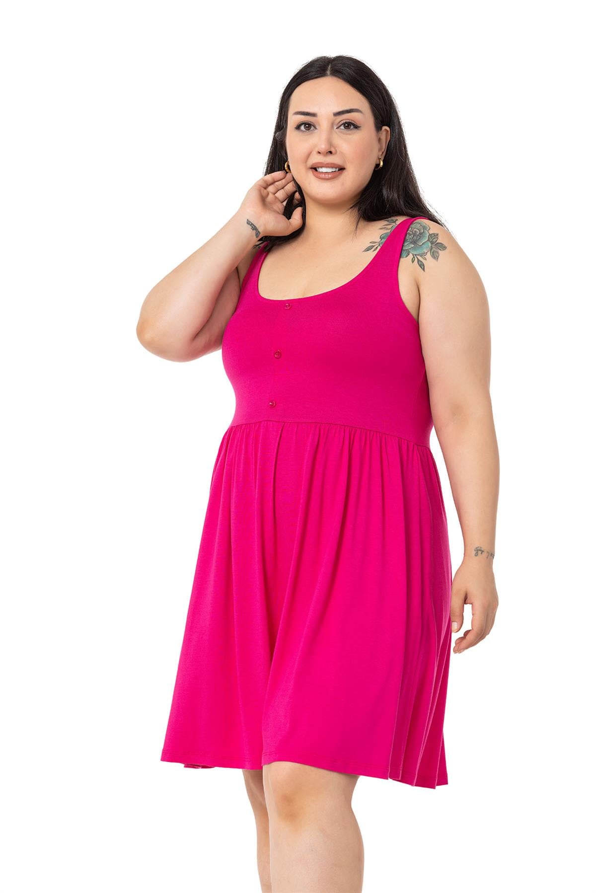 Plus Size Ornamental Button Detailed Viscose Short Fuchsia Dress