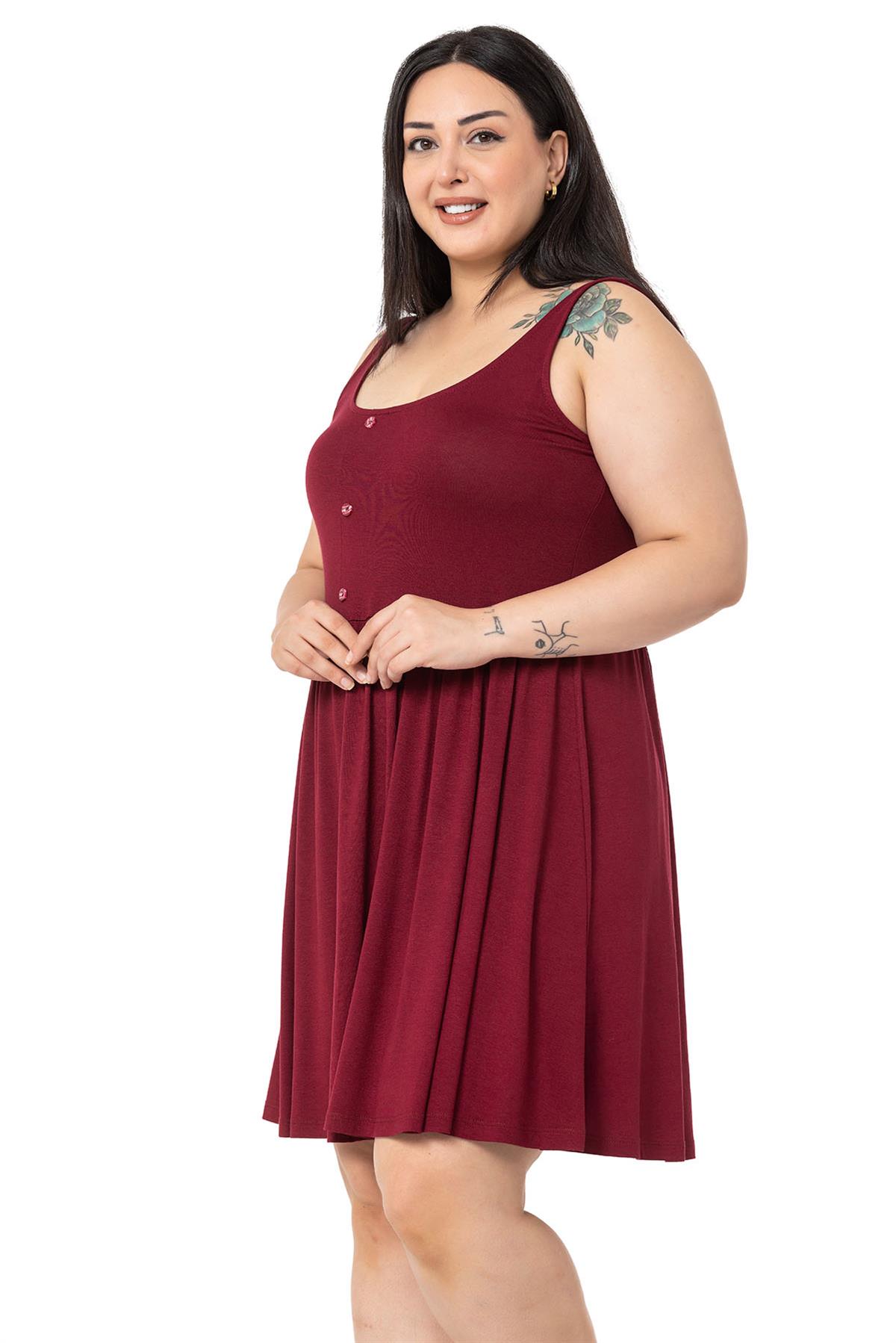 Plus Size Ornamental Button Detailed Viscose Short Burgundy Dress