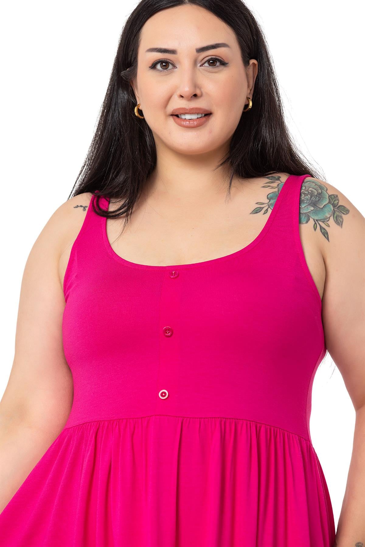 Plus Size Ornamental Button Detailed Viscose Short Fuchsia Dress