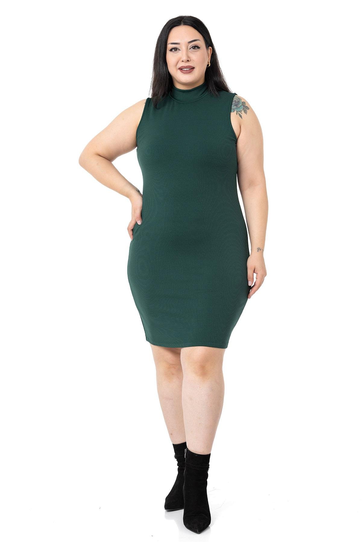 Büyük Beden Yarım Balıkçı Kaşkorse İçi Şardonlu Kolsuz Streç Kısa Zümrüt Elbise