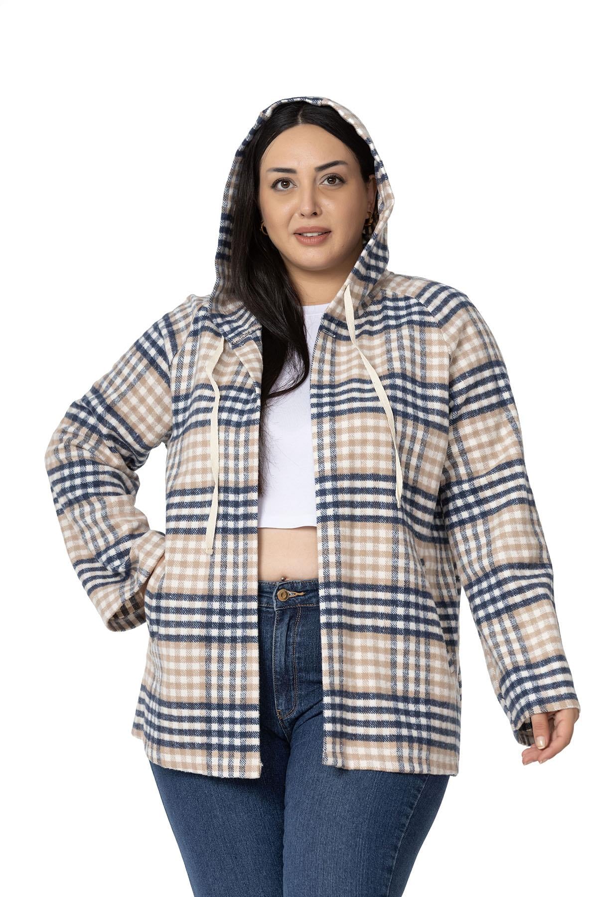 Plus Size Wide Sleeve Hooded Navy Blue Striped Cardigan with Pockets