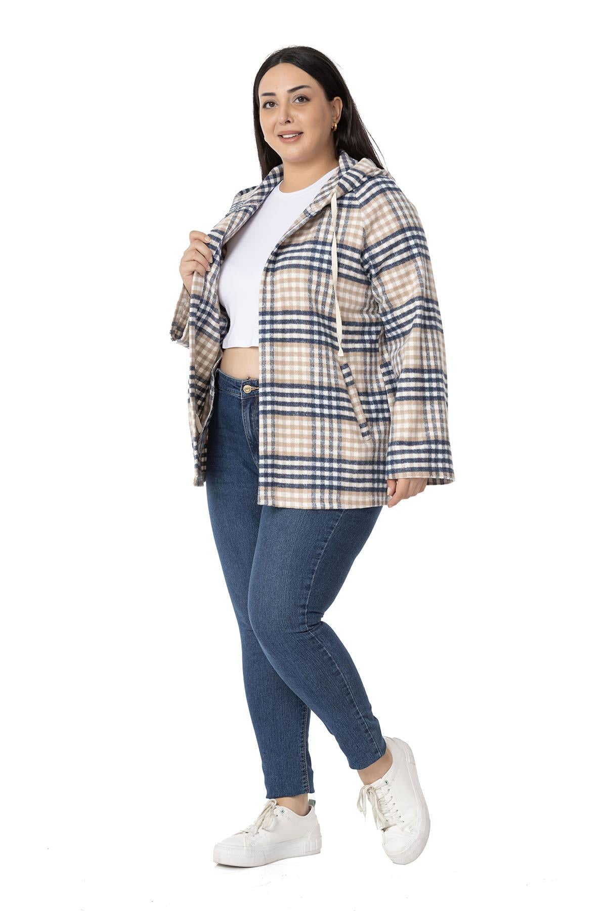 Plus Size Wide Sleeve Hooded Navy Blue Striped Cardigan with Pockets