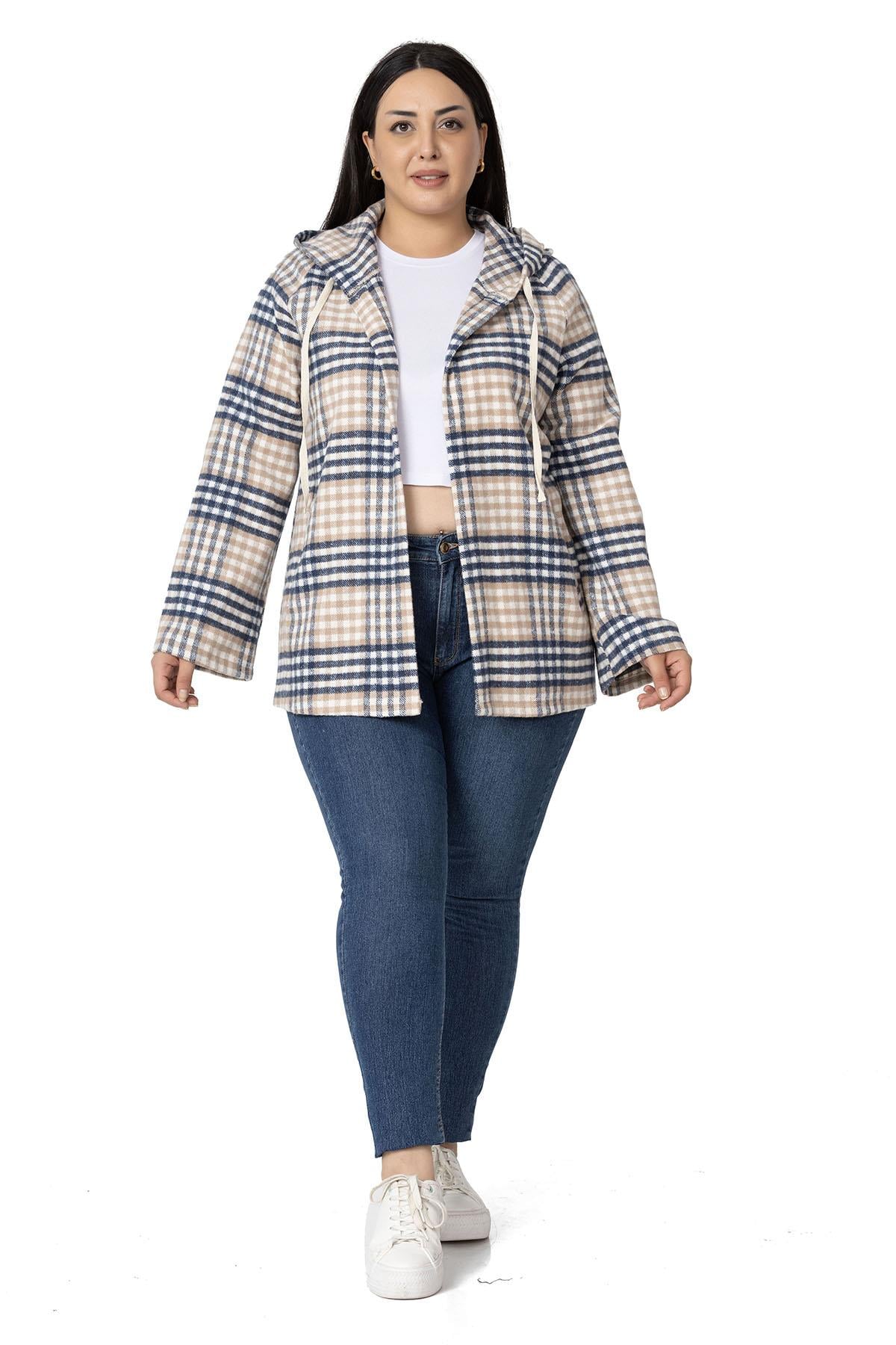 Plus Size Wide Sleeve Hooded Navy Blue Striped Cardigan with Pockets