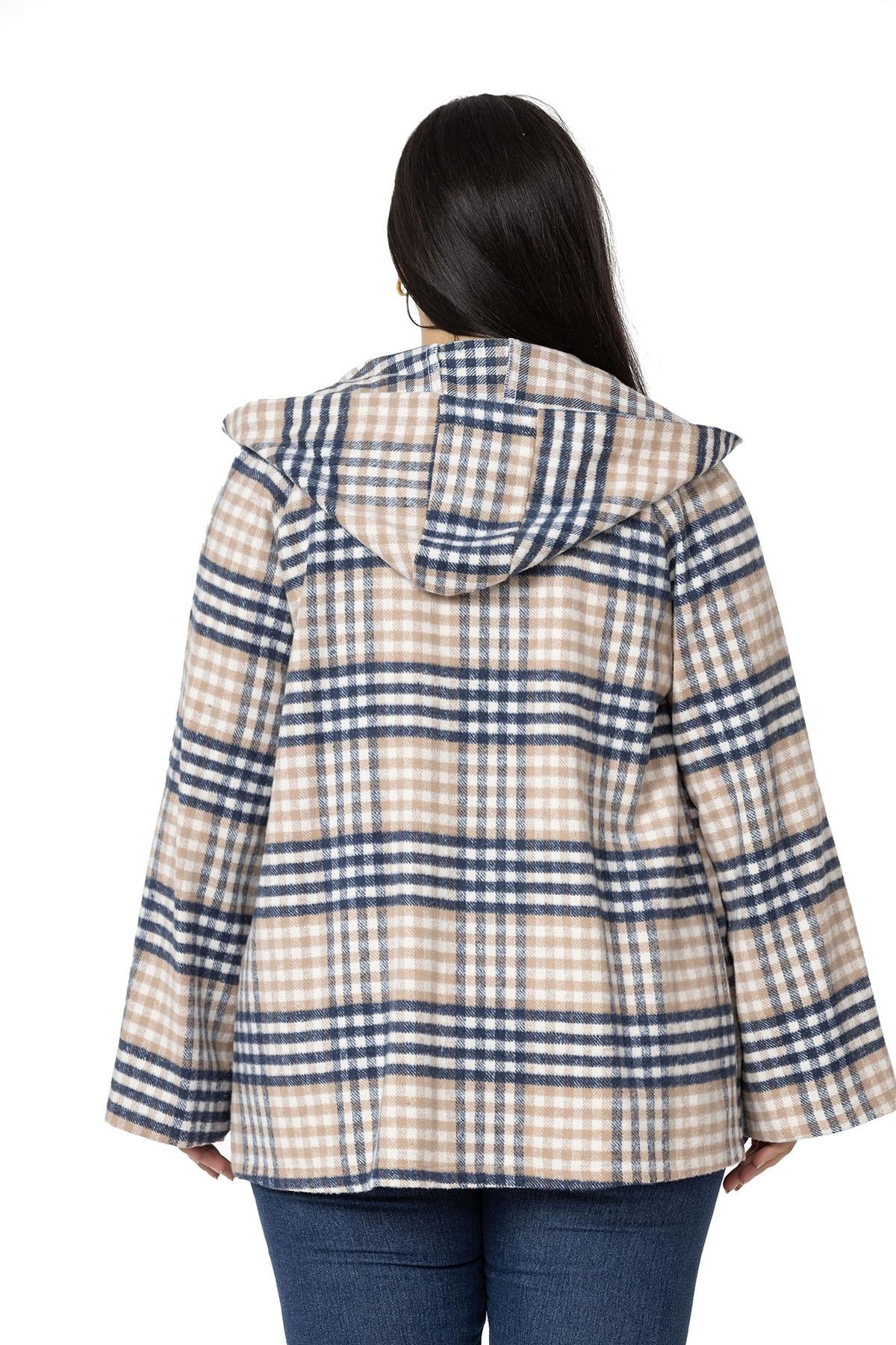 Plus Size Wide Sleeve Hooded Navy Blue Striped Cardigan with Pockets
