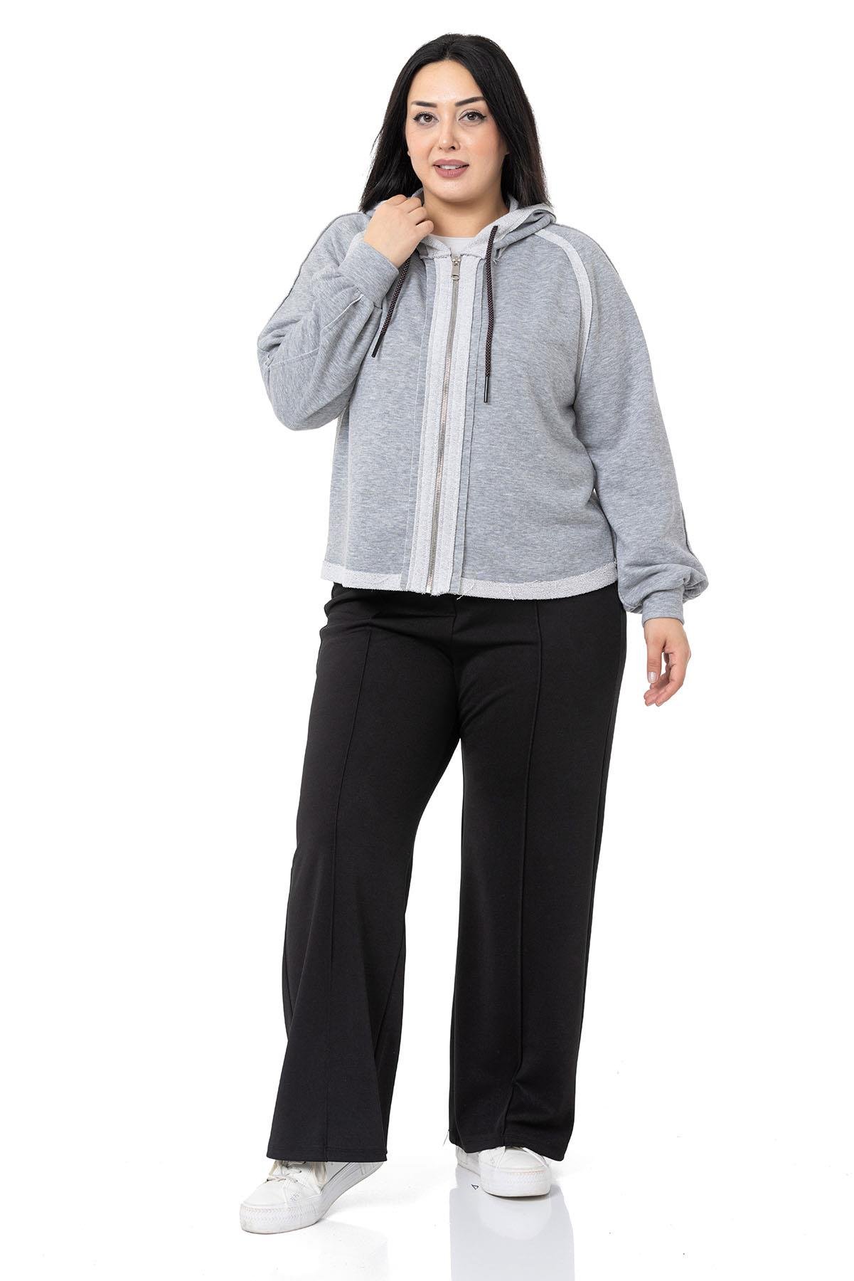 Büyük Beden Kapüşonlu Fermuarlı Üç İplik Gri Melanj Sweatshirt