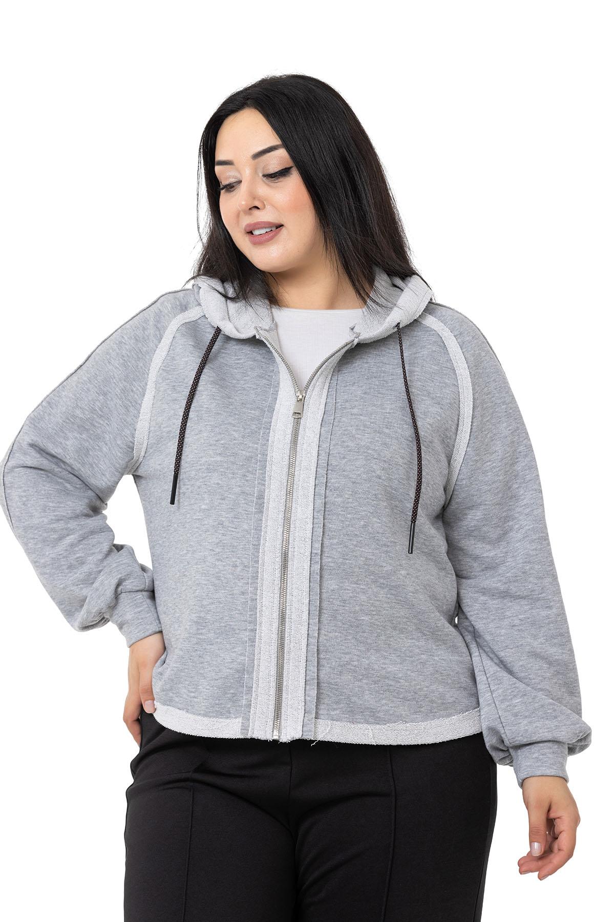 Büyük Beden Kapüşonlu Fermuarlı Üç İplik Gri Melanj Sweatshirt