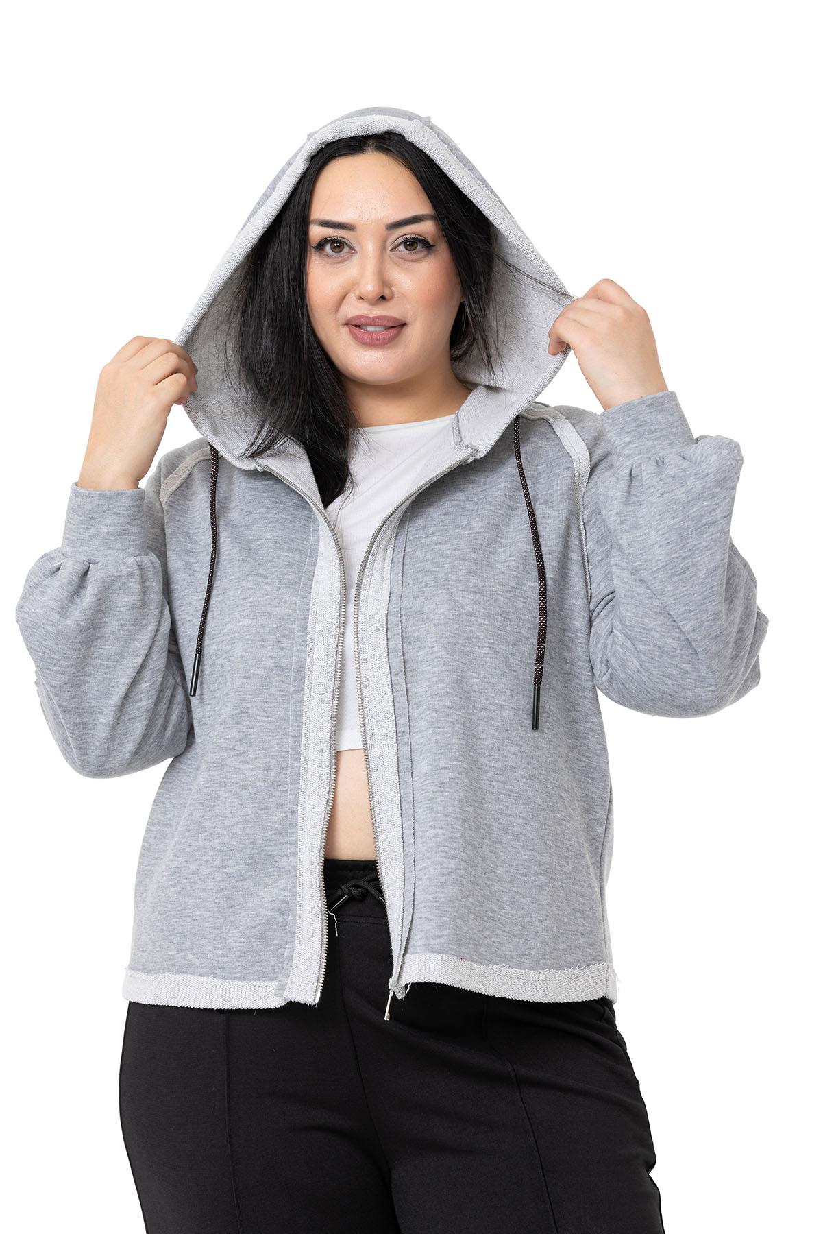 Büyük Beden Kapüşonlu Fermuarlı Üç İplik Gri Melanj Sweatshirt