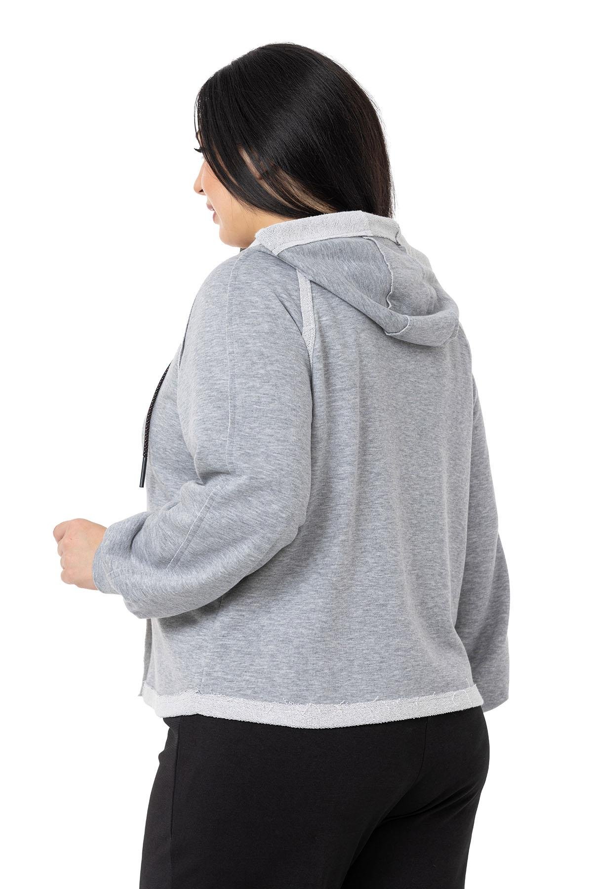 Büyük Beden Kapüşonlu Fermuarlı Üç İplik Gri Melanj Sweatshirt