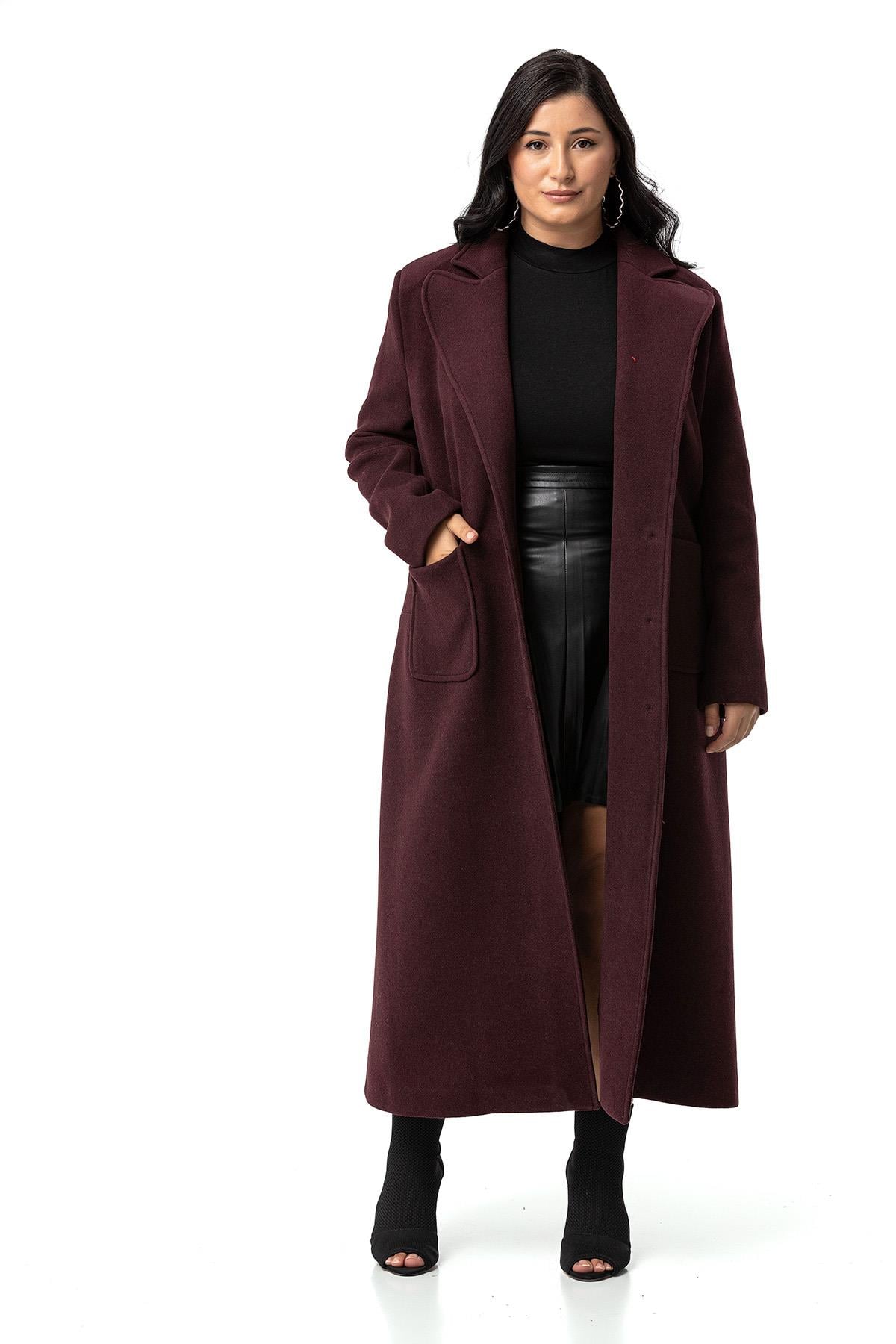 Plus Size Jacket Collar Bag Pocket Lined Long Burgundy Stash Overcoat