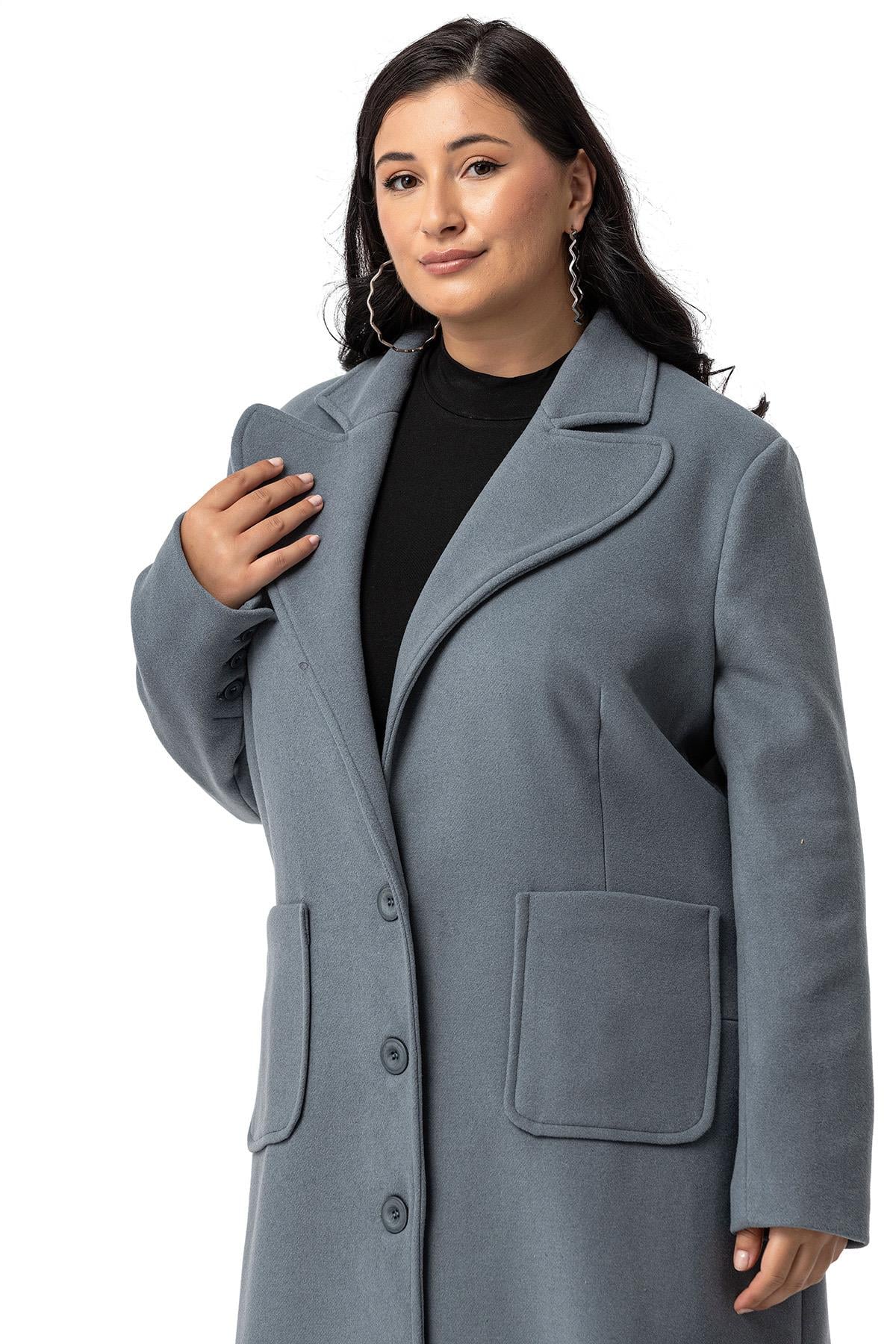Plus Size Jacket Collar Bag Pocket Lined Long Blue Stash Overcoat