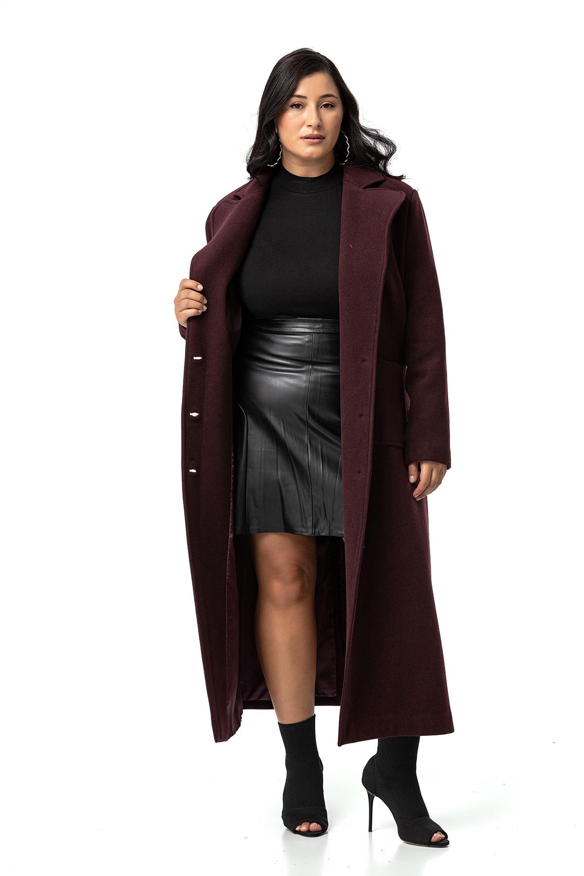 Plus Size Jacket Collar Bag Pocket Lined Long Burgundy Stash Overcoat