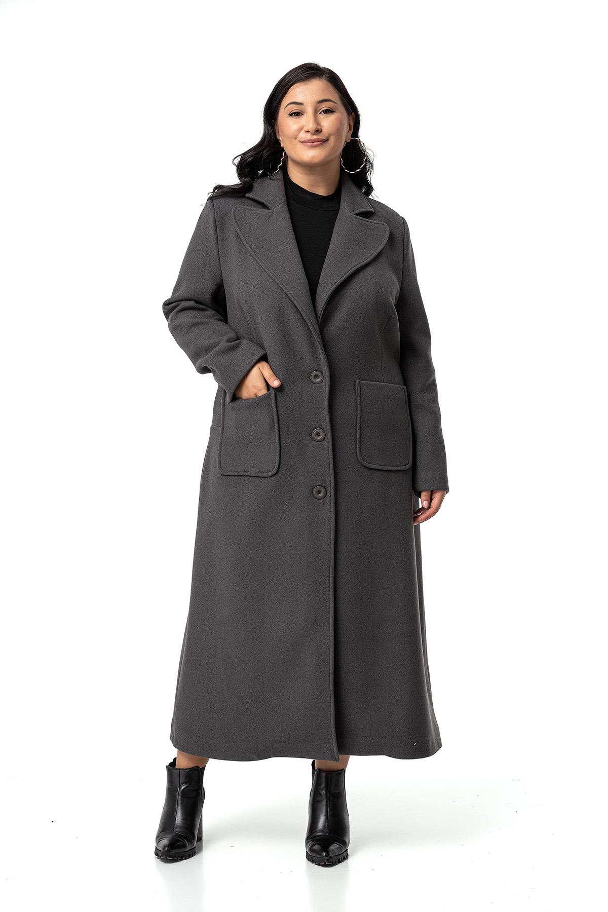 Plus Size Jacket Collar Bag Pocket Lined Long Anthracite Stash Overcoat