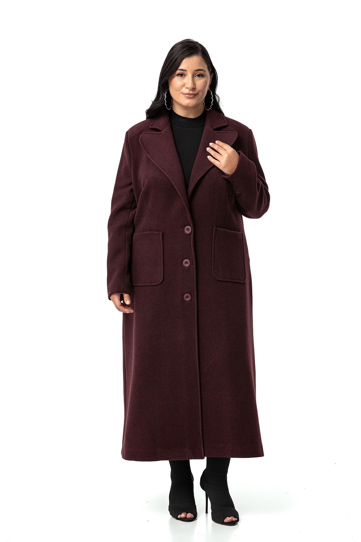 Plus Size Jacket Collar Bag Pocket Lined Long Burgundy Stash Overcoat