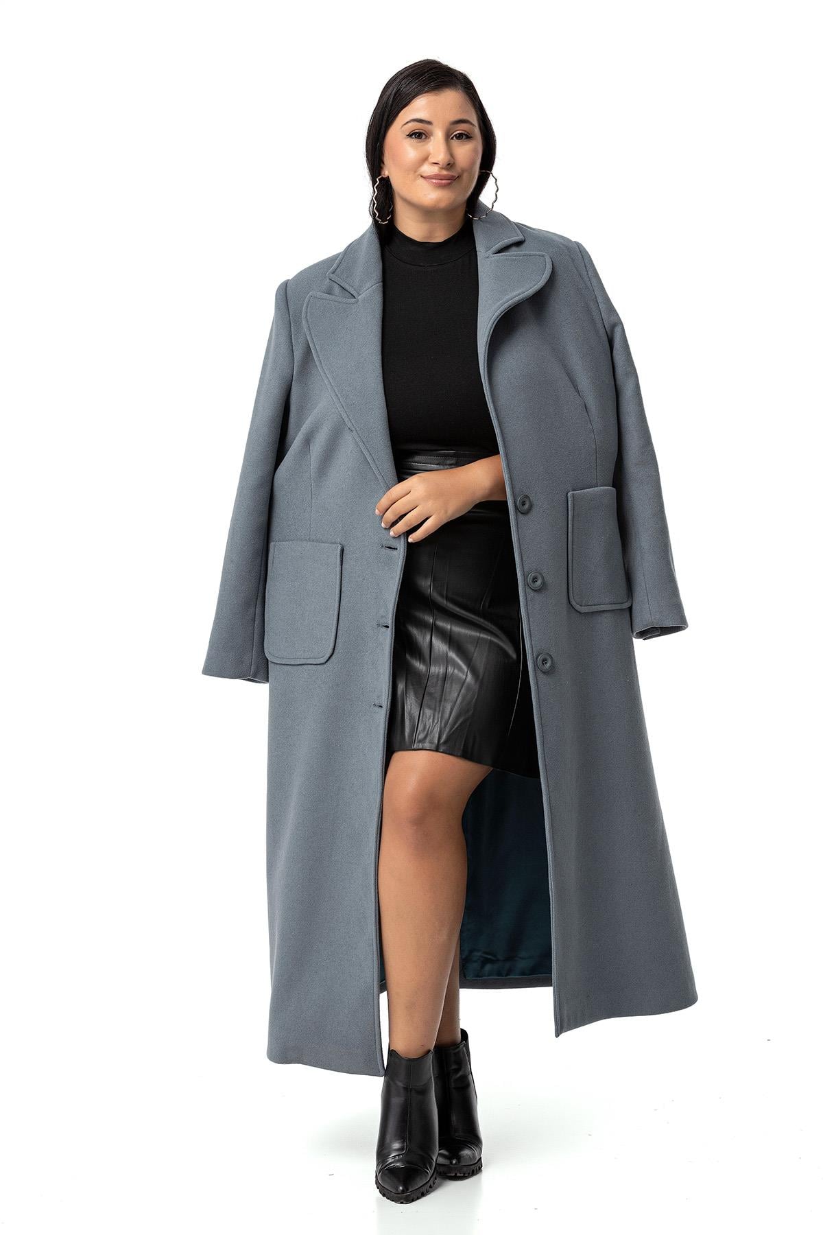 Plus Size Jacket Collar Bag Pocket Lined Long Blue Stash Overcoat