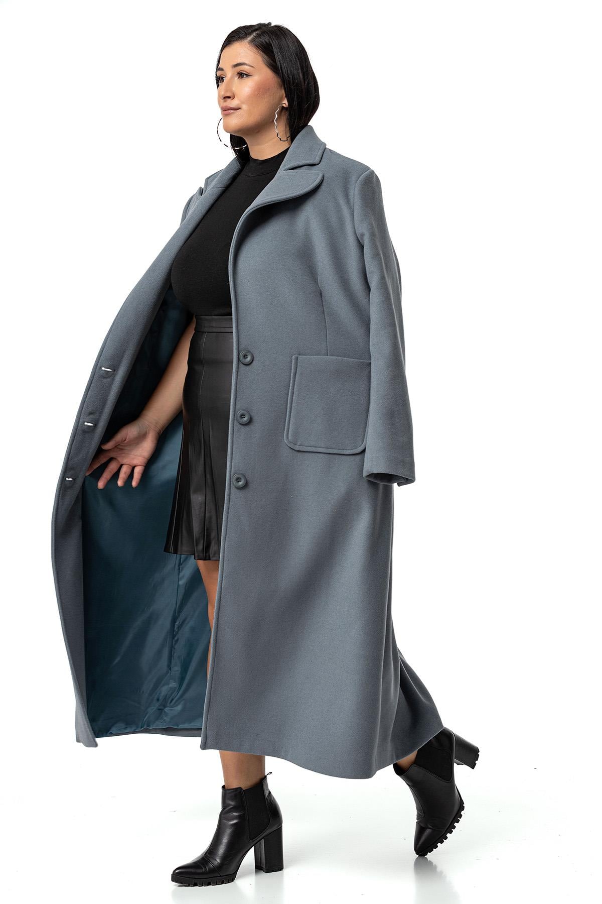 Plus Size Jacket Collar Bag Pocket Lined Long Blue Stash Overcoat