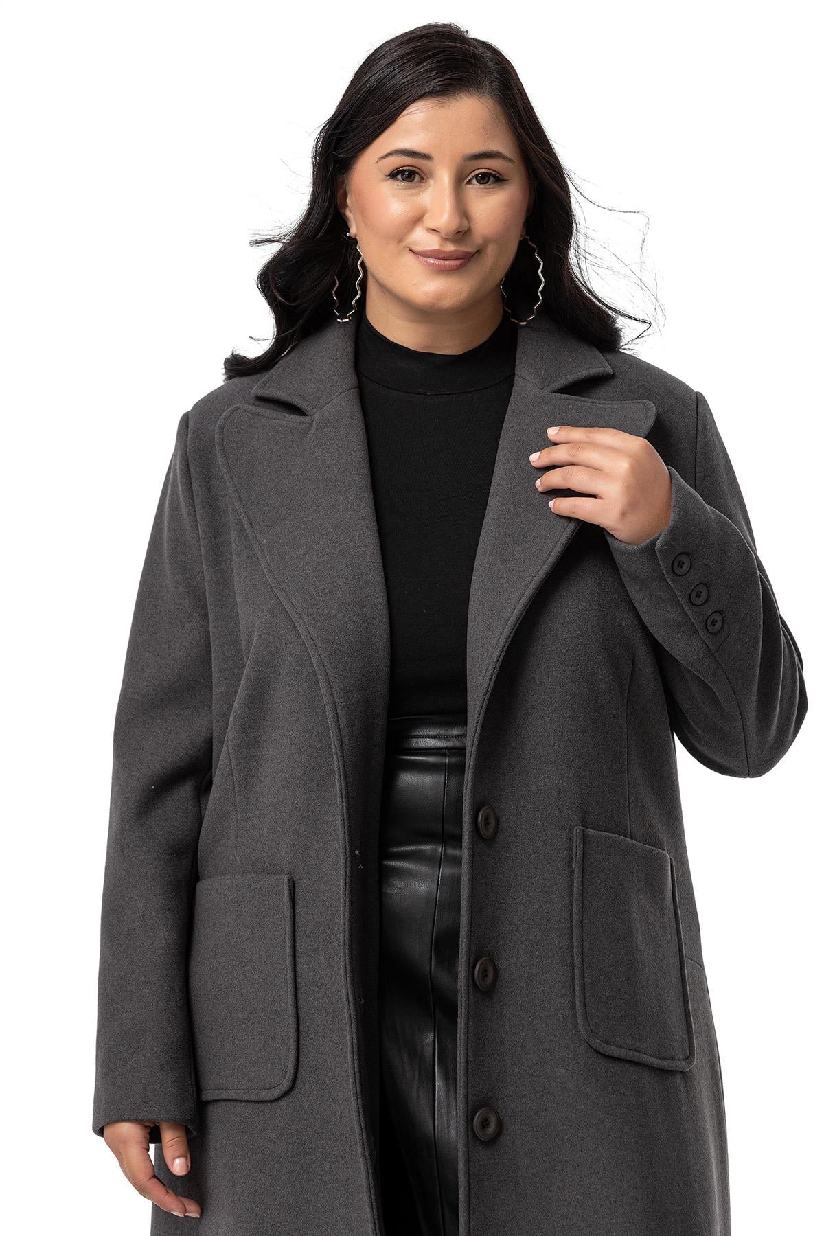 Plus Size Jacket Collar Bag Pocket Lined Long Anthracite Stash Overcoat