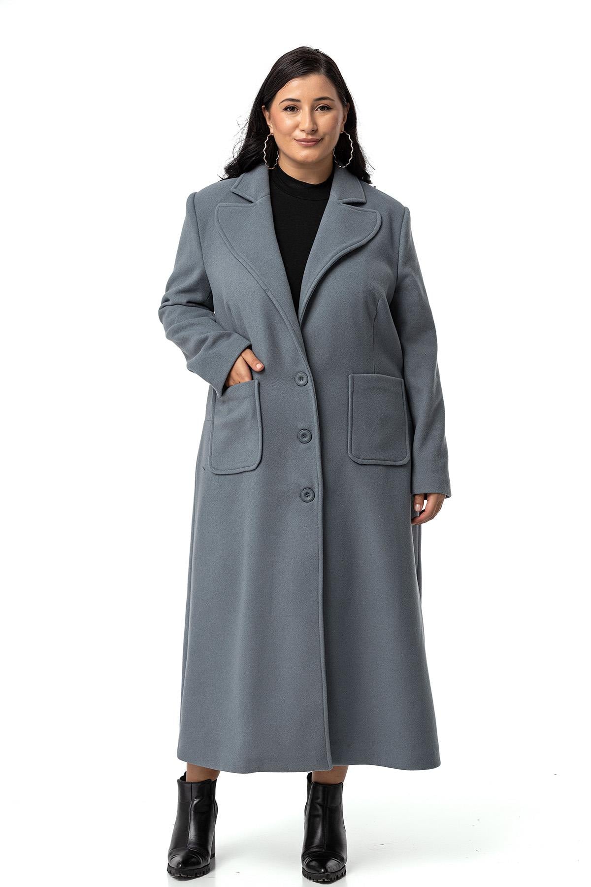 Plus Size Jacket Collar Bag Pocket Lined Long Blue Stash Overcoat