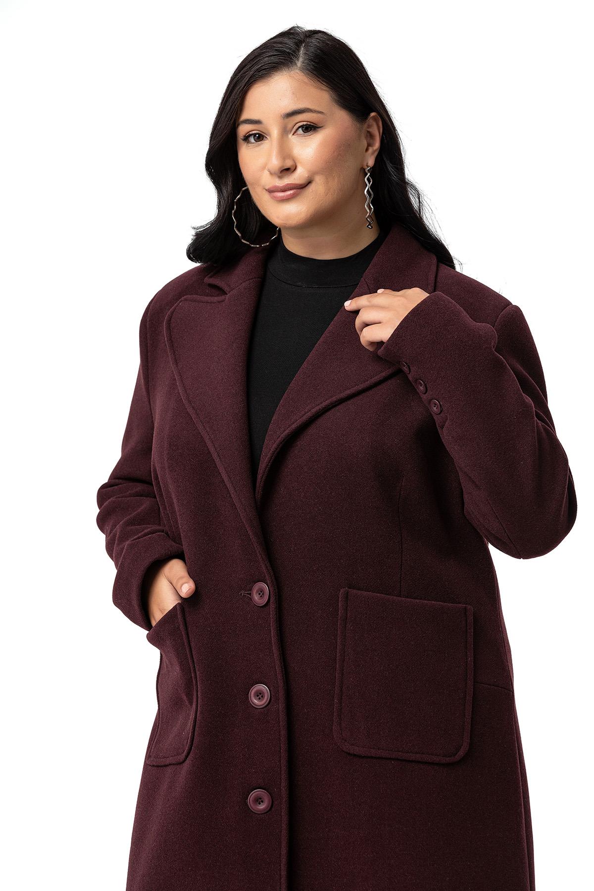Plus Size Jacket Collar Bag Pocket Lined Long Burgundy Stash Overcoat