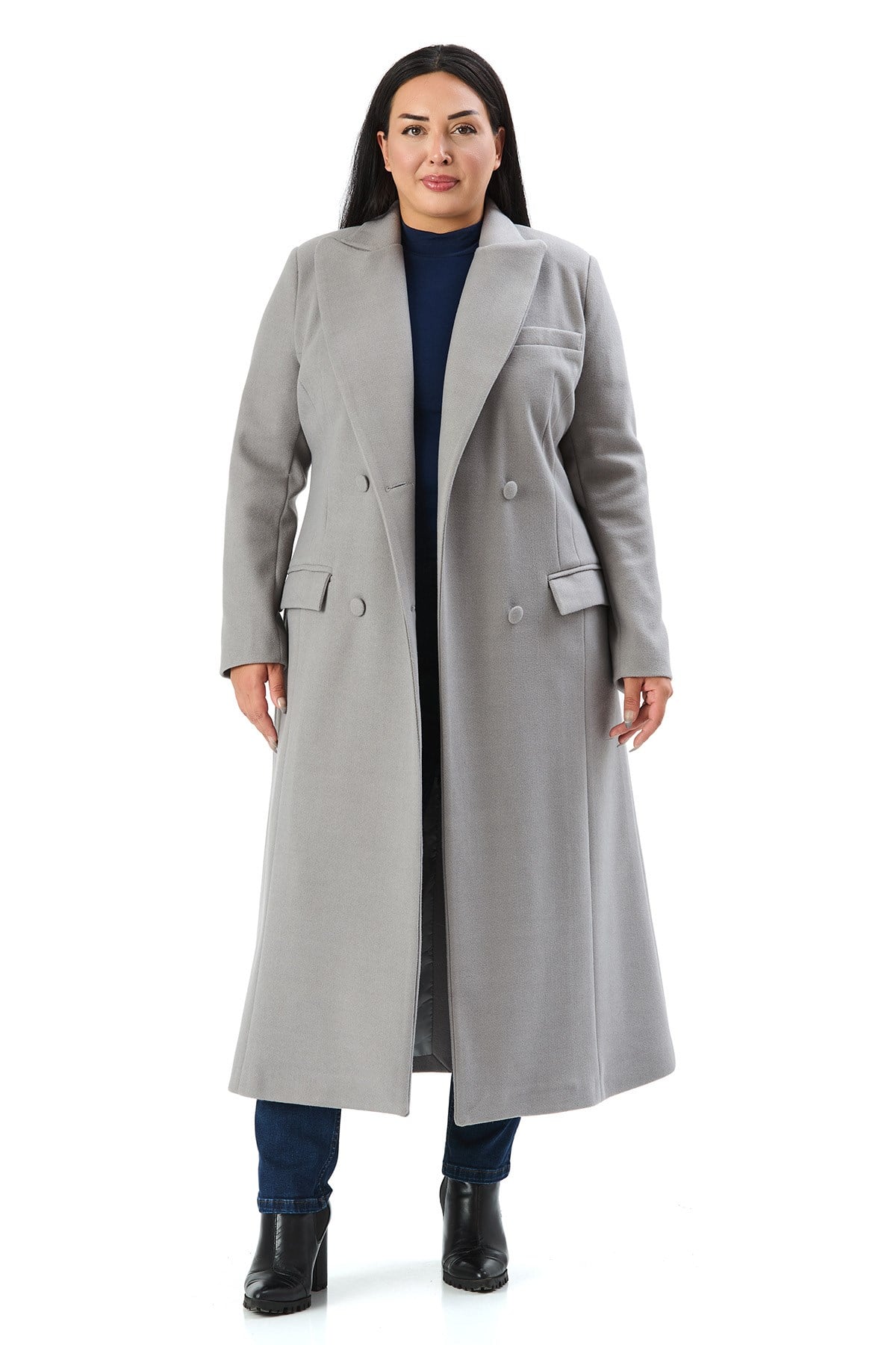 Büyük Beden Kaplama Düğmeli Cepli Astarlı Uzun Gri Kaşe Kaban