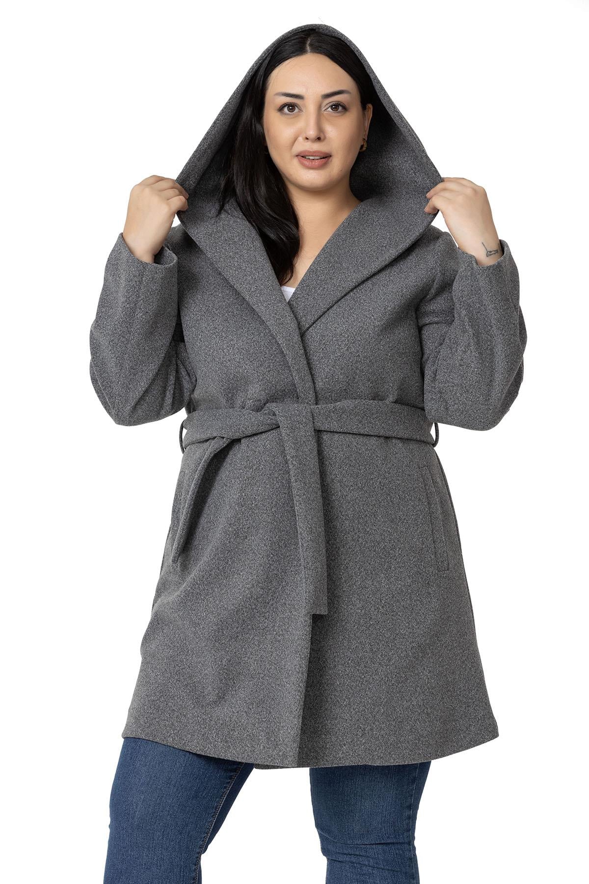 Plus Size Hooded Anthracite Overcoat with Pockets and Belt
