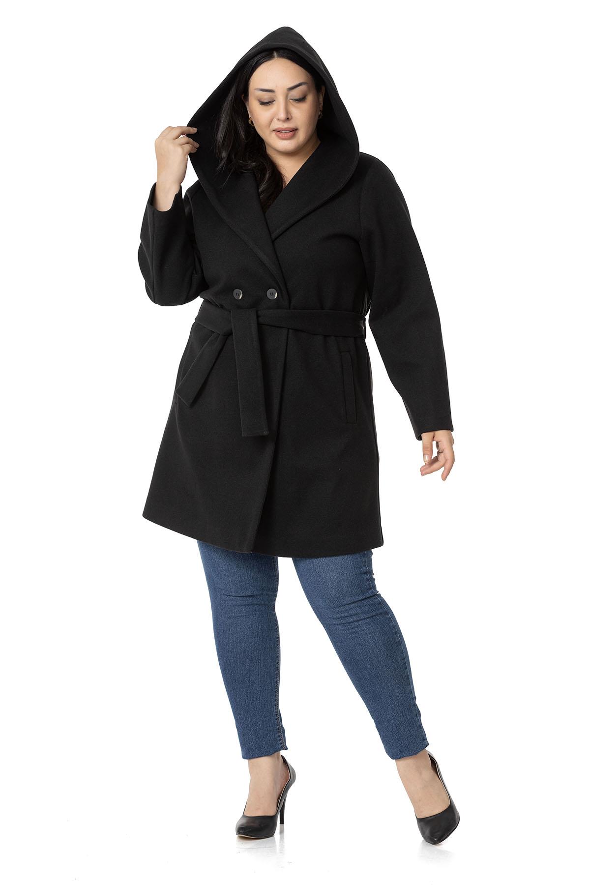 Plus Size Hooded Black Overcoat with Pockets and Belt