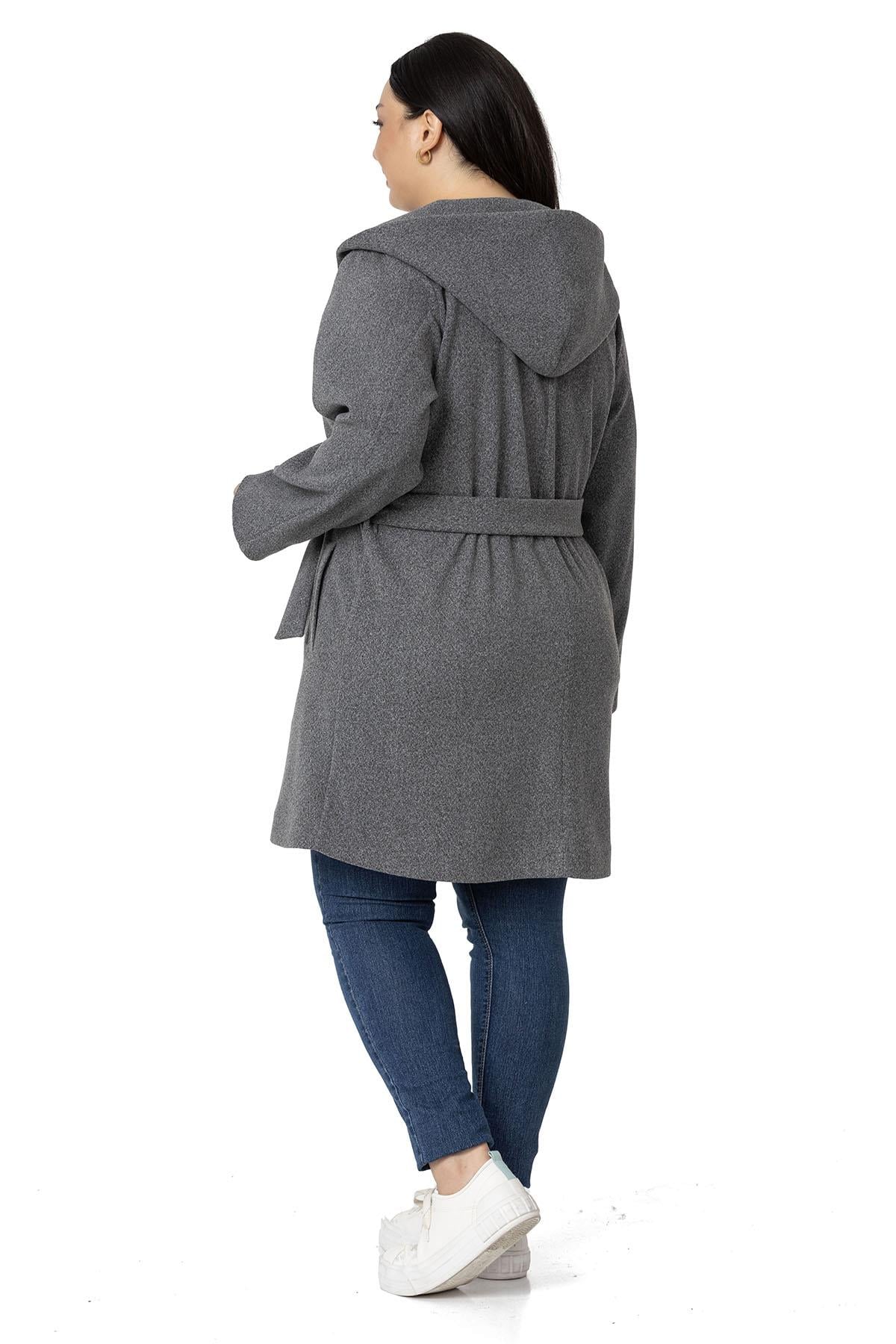Plus Size Hooded Anthracite Overcoat with Pockets and Belt