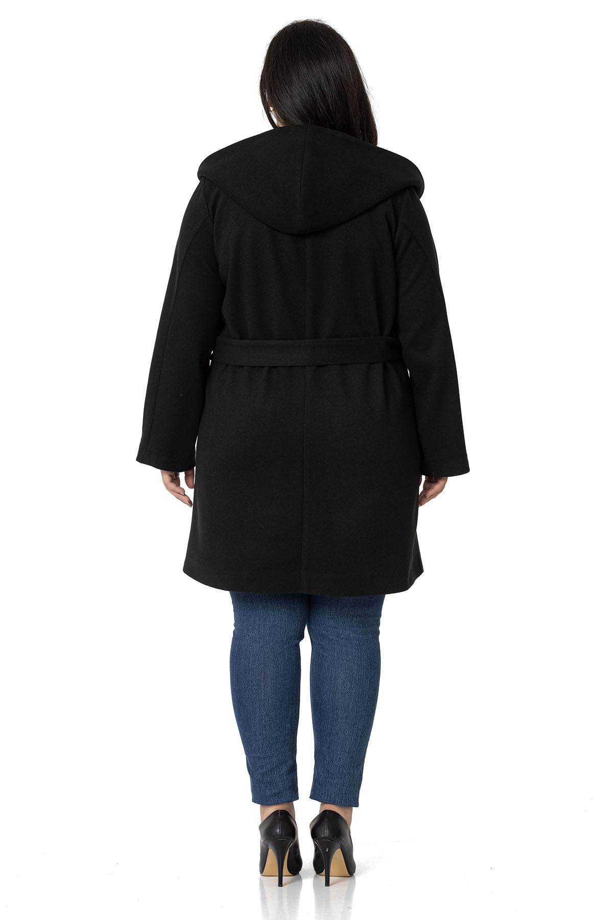 Plus Size Hooded Black Overcoat with Pockets and Belt