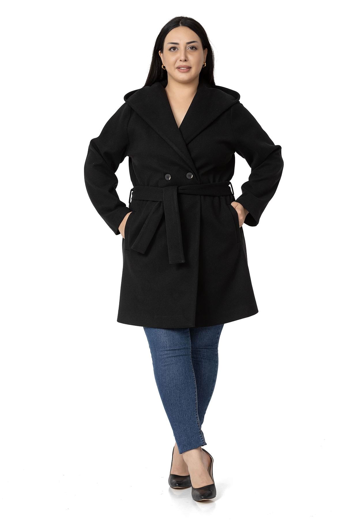 Plus Size Hooded Black Overcoat with Pockets and Belt