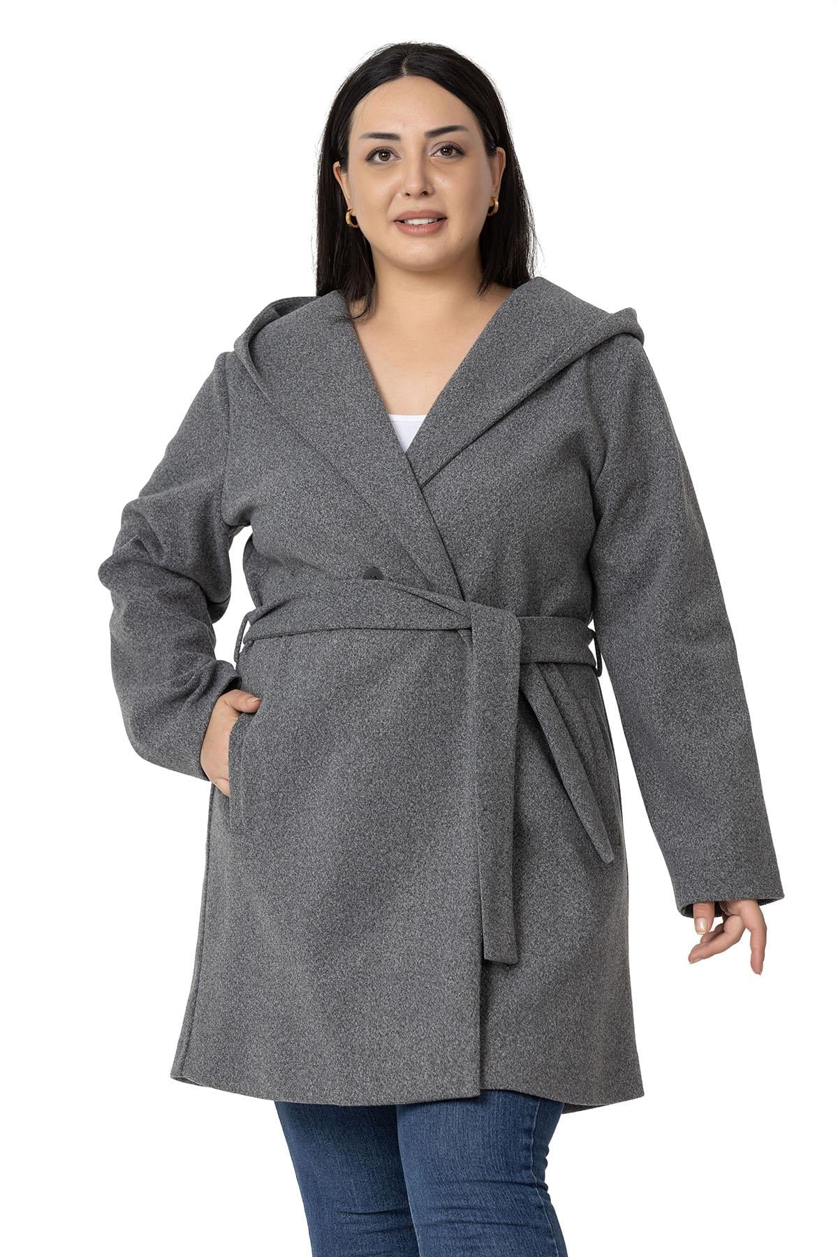 Plus Size Hooded Anthracite Overcoat with Pockets and Belt