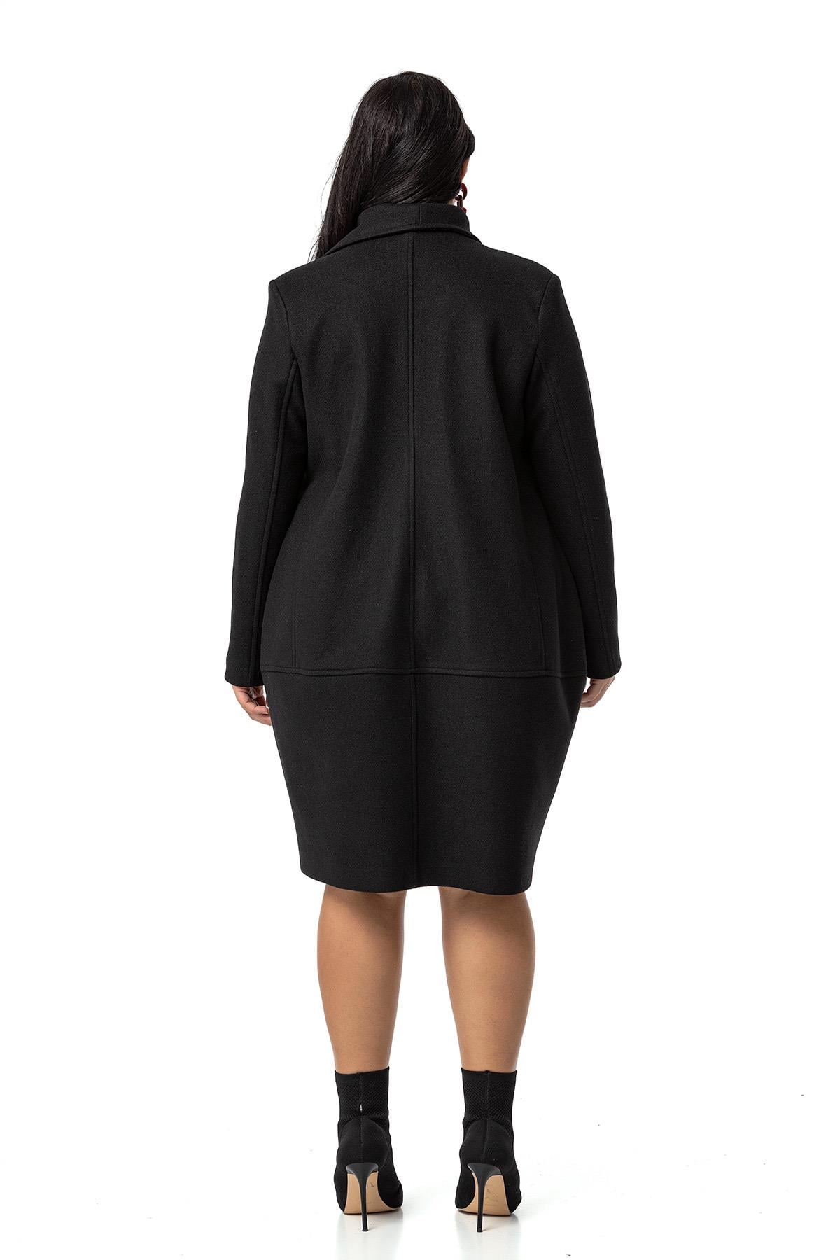 Plus Size Bag Pocket Single Button Lined Black Stitched Overcoat