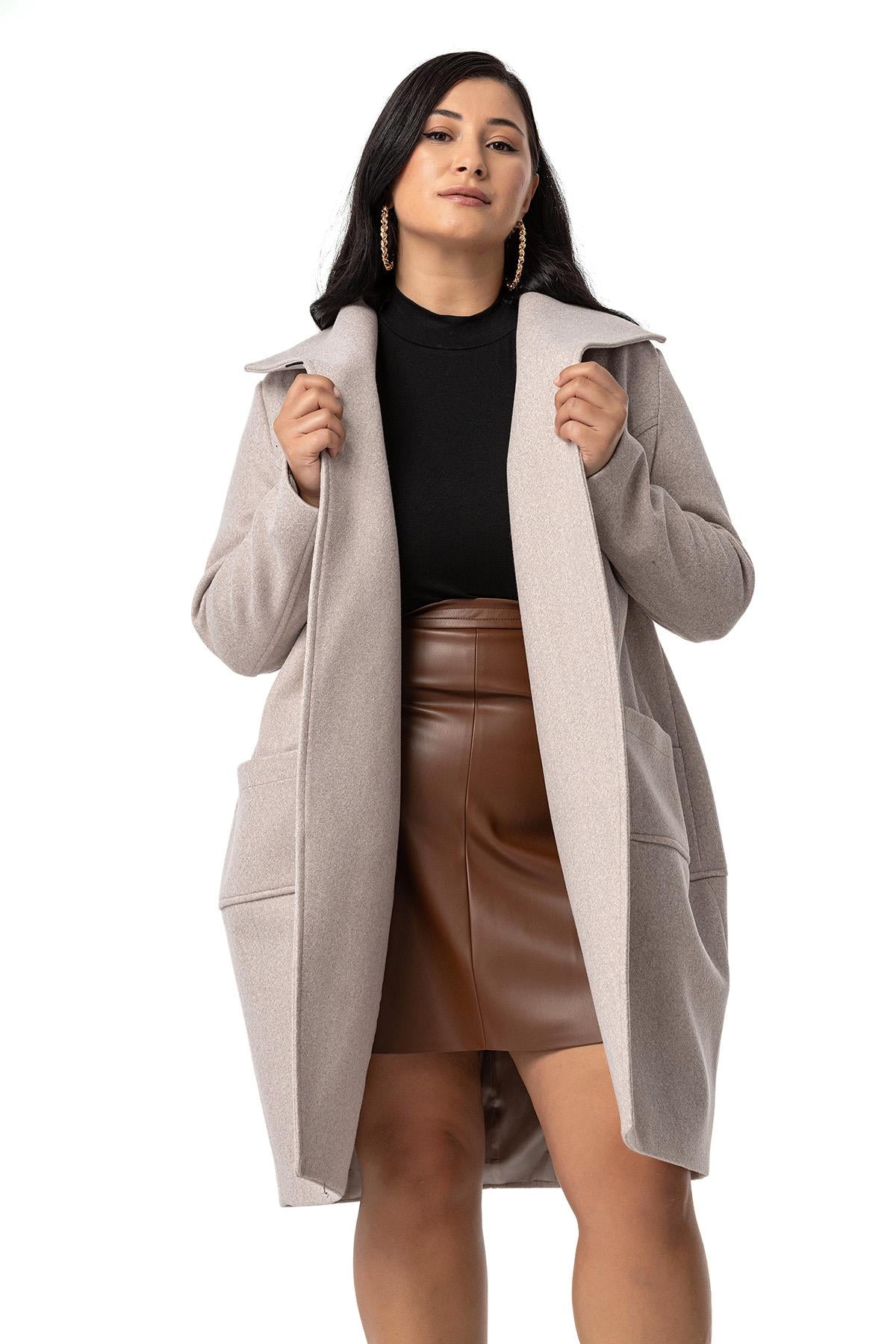Plus Size Bag Pocket Single Button Lined Beige Stitched Overcoat
