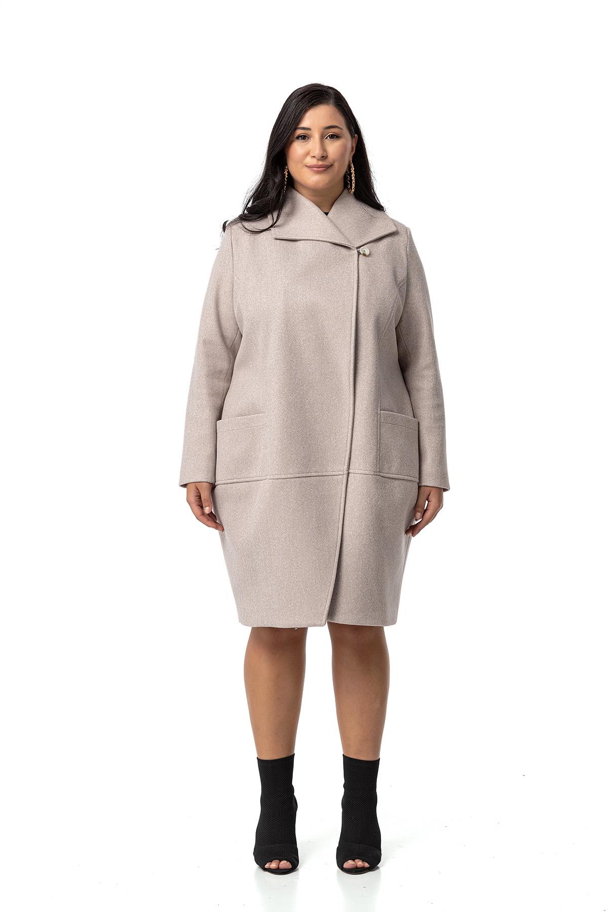 Plus Size Bag Pocket Single Button Lined Beige Stitched Overcoat