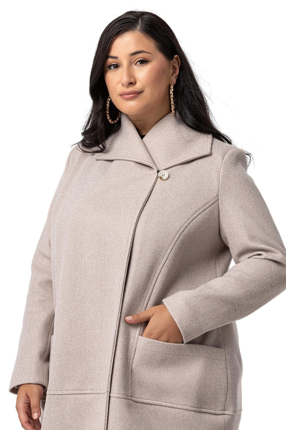 Plus Size Bag Pocket Single Button Lined Beige Stitched Overcoat
