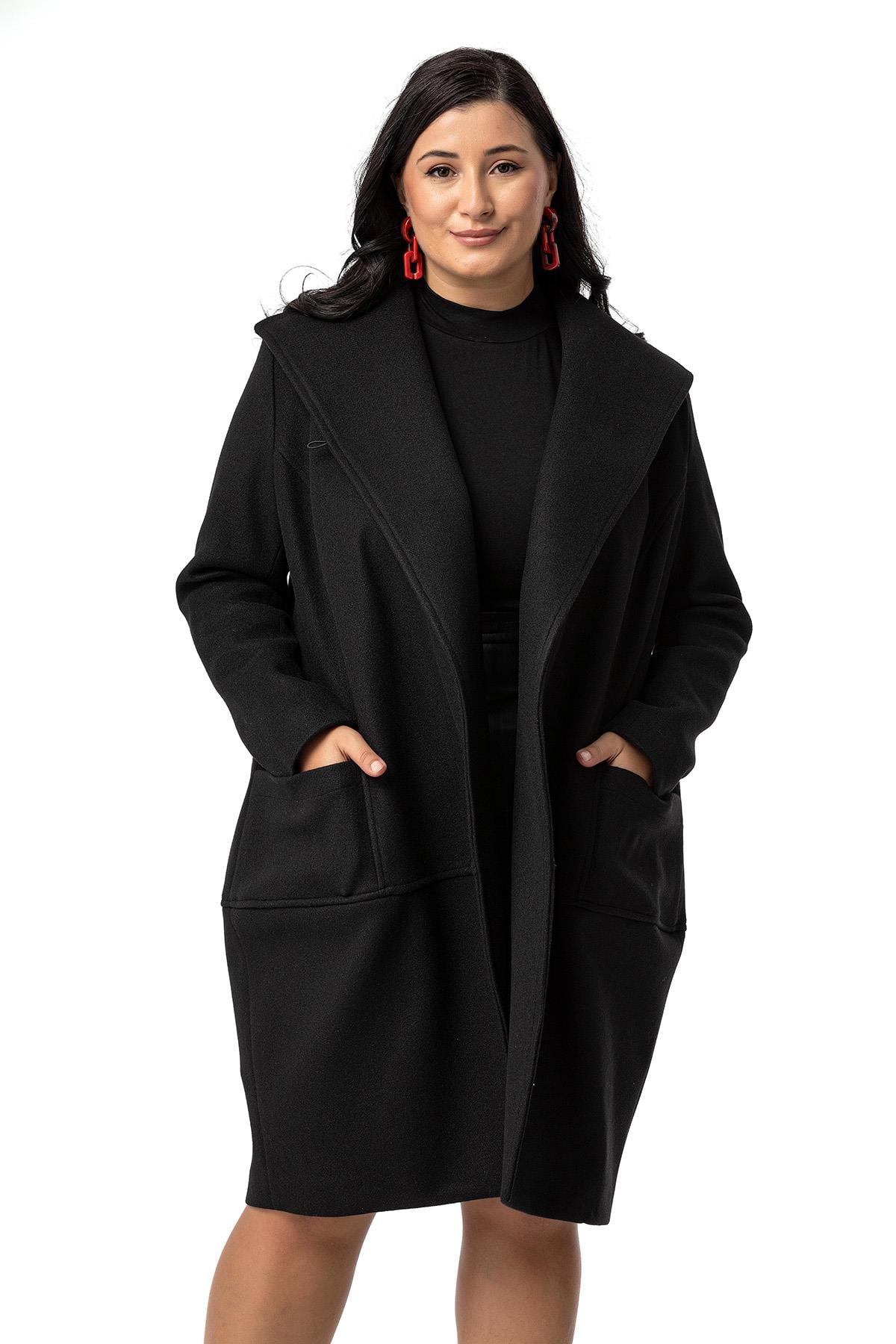 Plus Size Bag Pocket Single Button Lined Black Stitched Overcoat