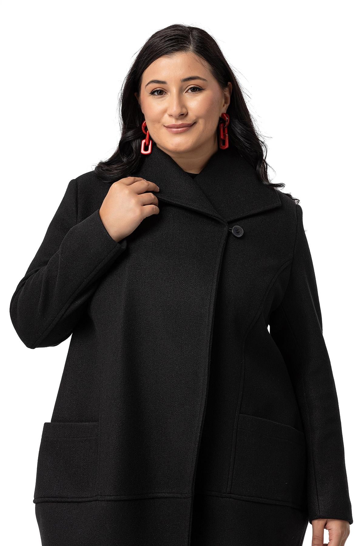 Plus Size Bag Pocket Single Button Lined Black Stitched Overcoat