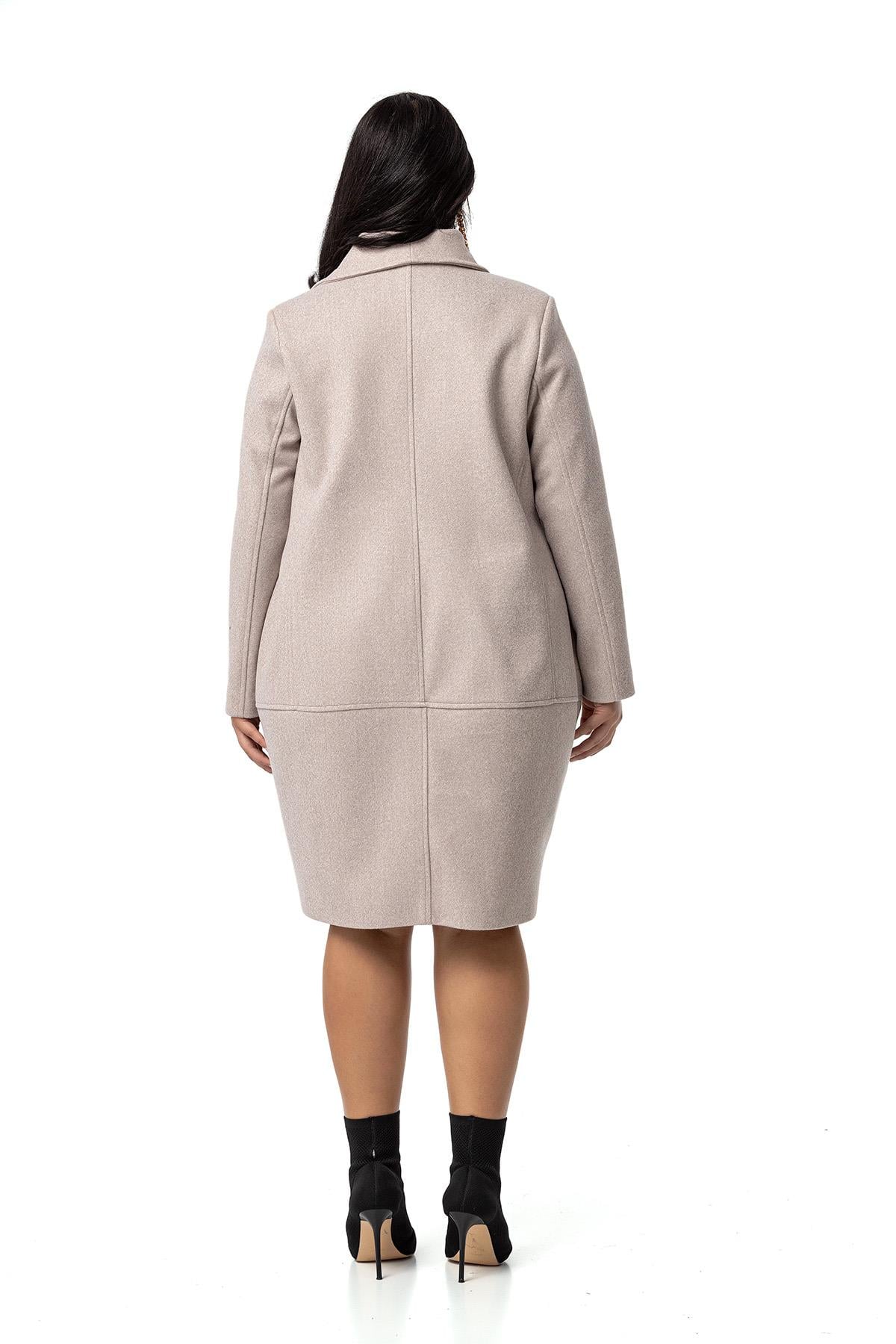 Plus Size Bag Pocket Single Button Lined Beige Stitched Overcoat
