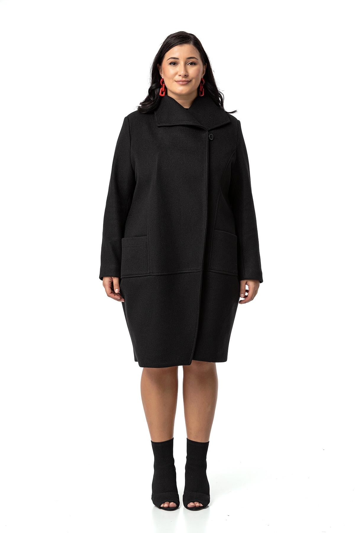 Plus Size Bag Pocket Single Button Lined Black Stitched Overcoat