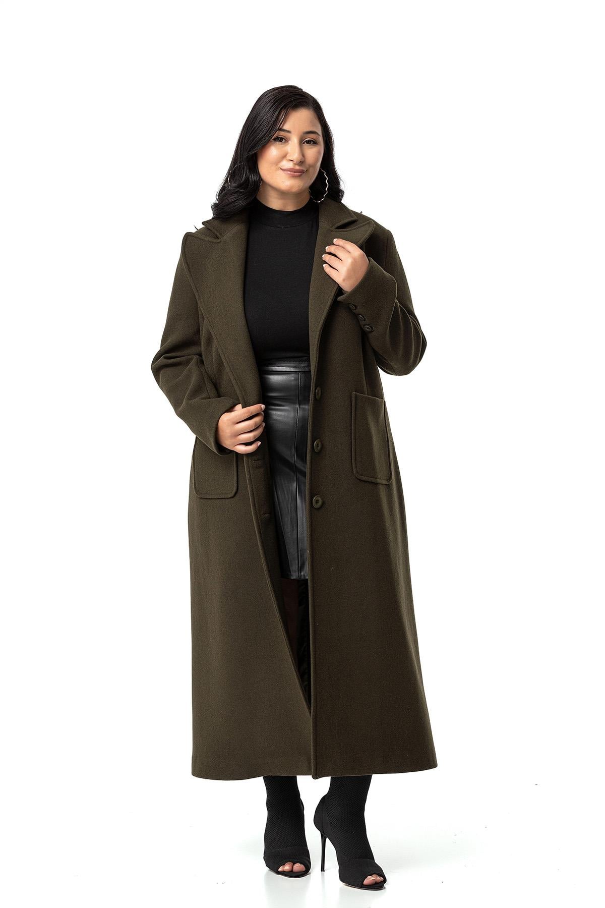 Plus Size Jacket Collar Bag Pocket Lined Long Khaki Stash Overcoat