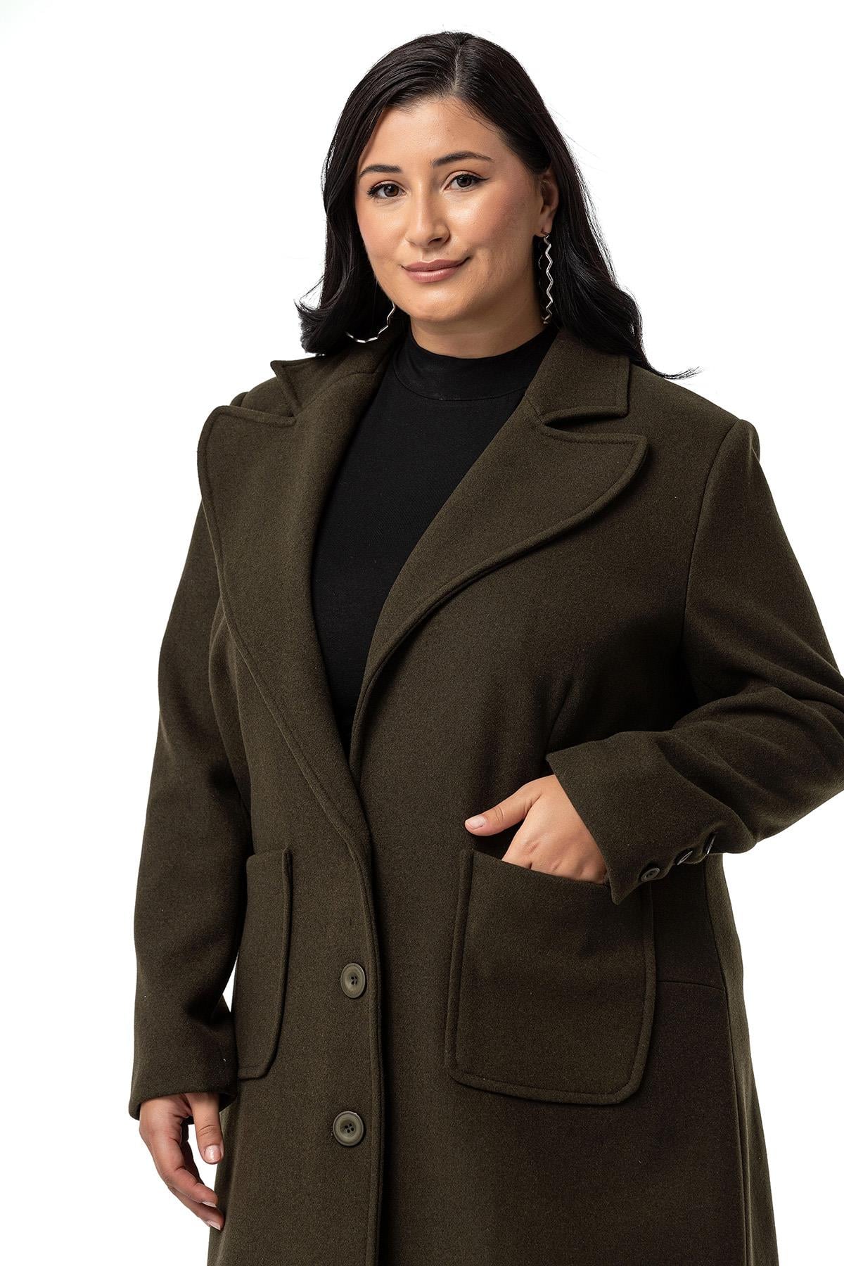 Plus Size Jacket Collar Bag Pocket Lined Long Khaki Stash Overcoat