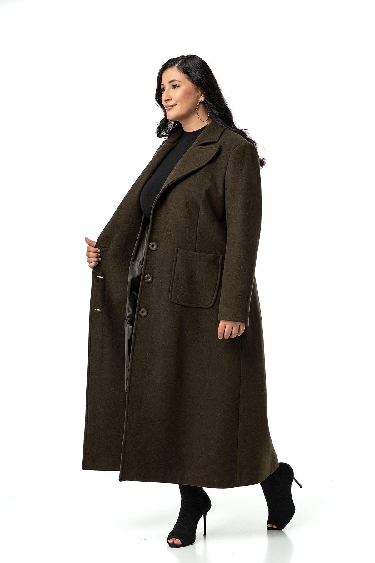 Plus Size Jacket Collar Bag Pocket Lined Long Khaki Stash Overcoat