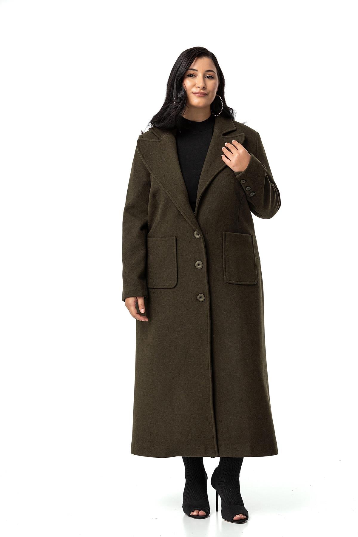 Plus Size Jacket Collar Bag Pocket Lined Long Khaki Stash Overcoat