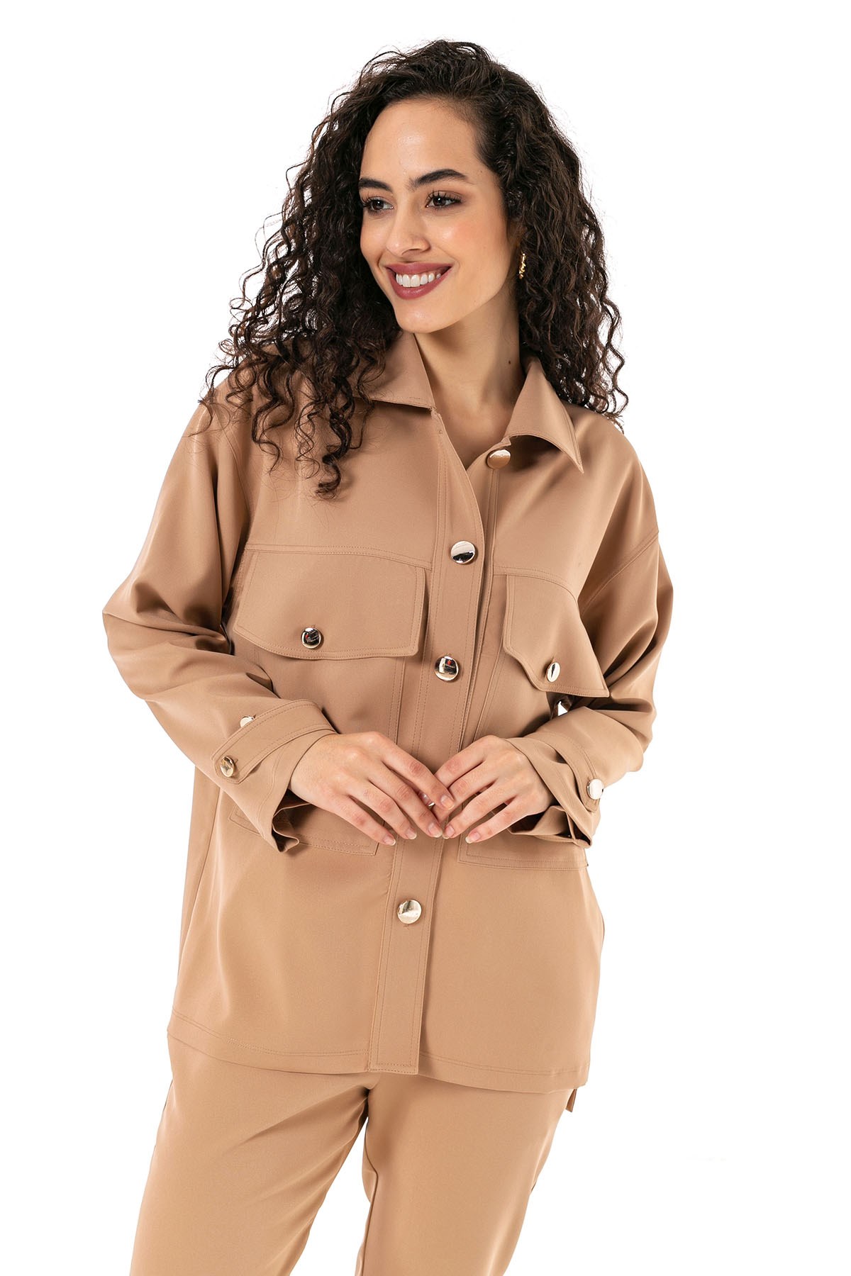Womens Shirt Trousers Beige Double Set