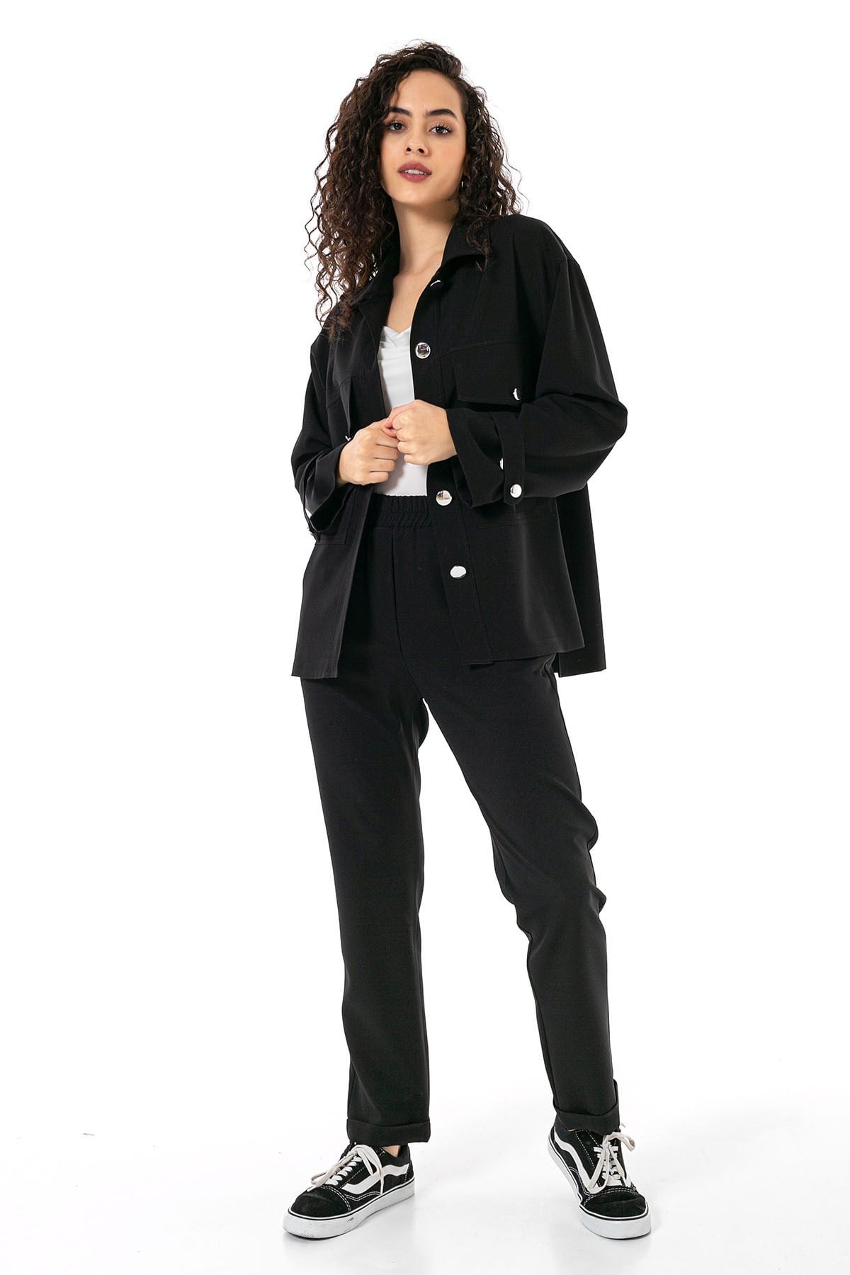 Womens Shirt Trousers Black Double Set