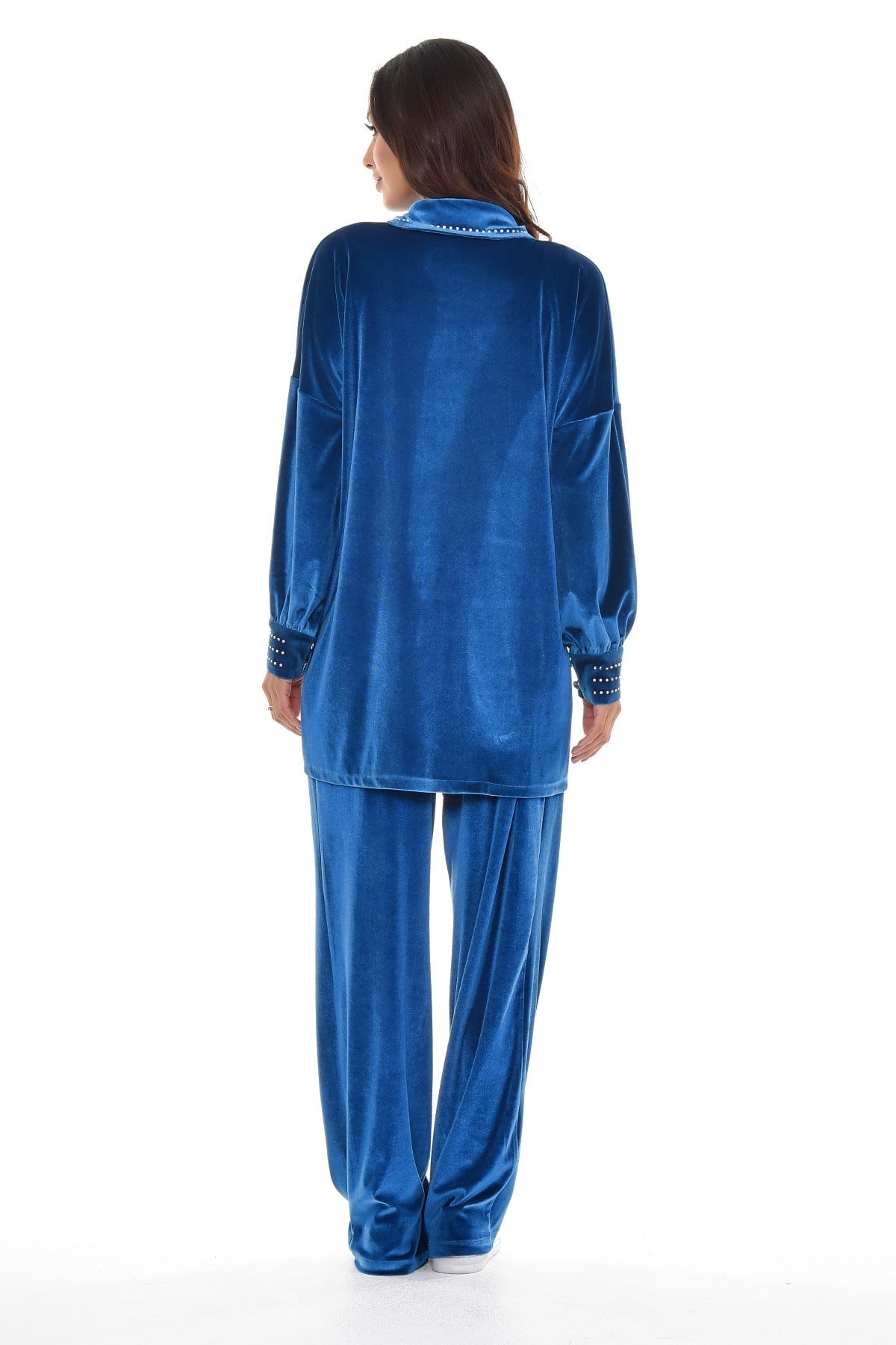Womens Velvet Shirt and Trousers İndigo Suit