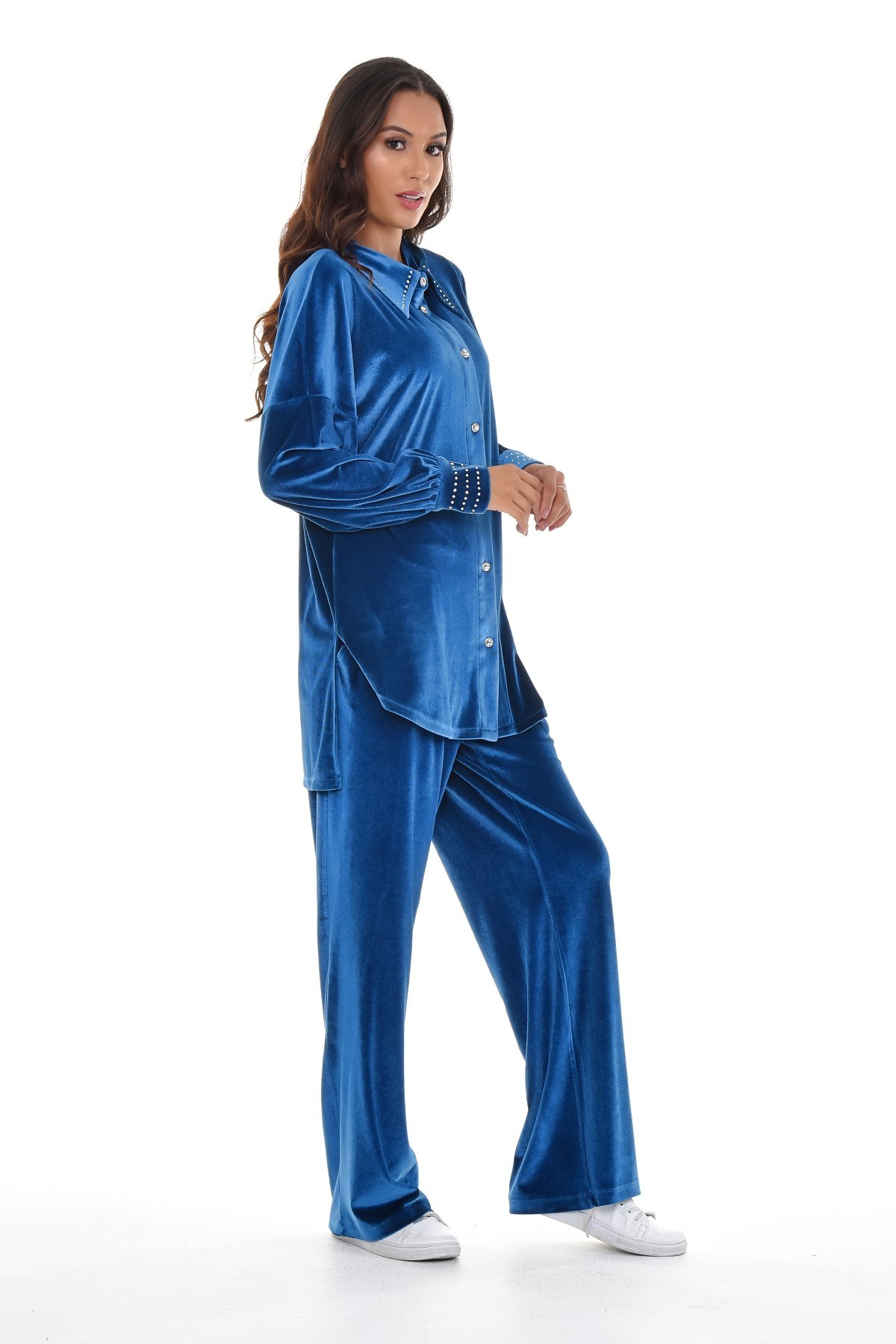 Womens Velvet Shirt and Trousers İndigo Suit