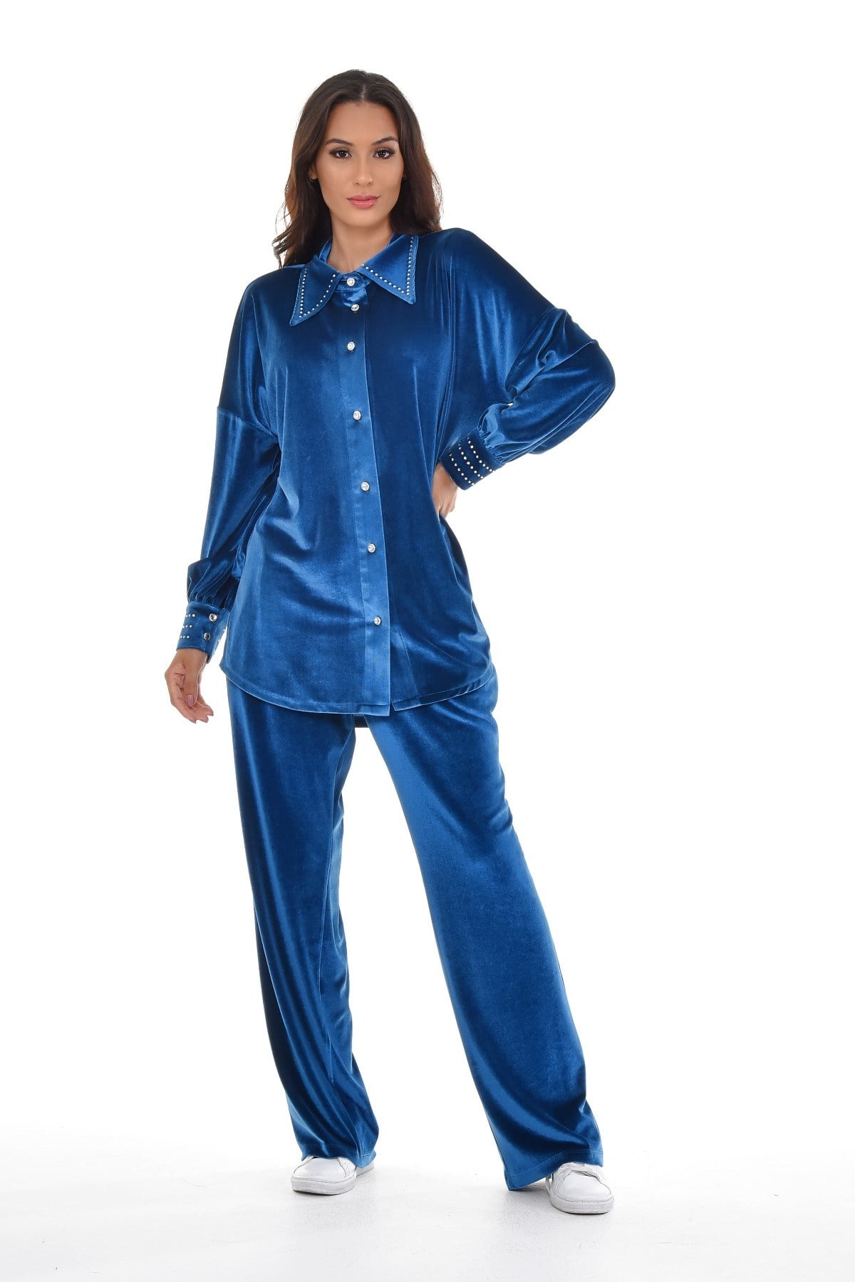 Womens Velvet Shirt and Trousers İndigo Suit